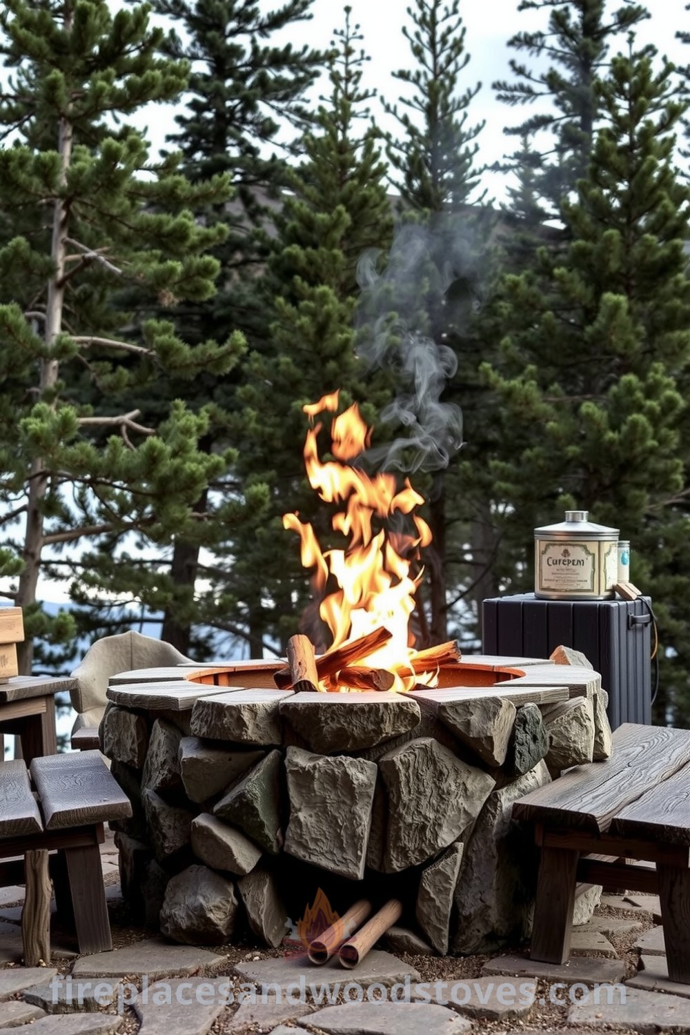 Outdoor barbecue scene with a stone hearth and crackling wood fire surrounded by towering pine trees, featuring rustic wooden benches, creating a cozy gathering place for friends and family. Discover unique decor ideas for your home at fireplacesandwoodstoves.com.