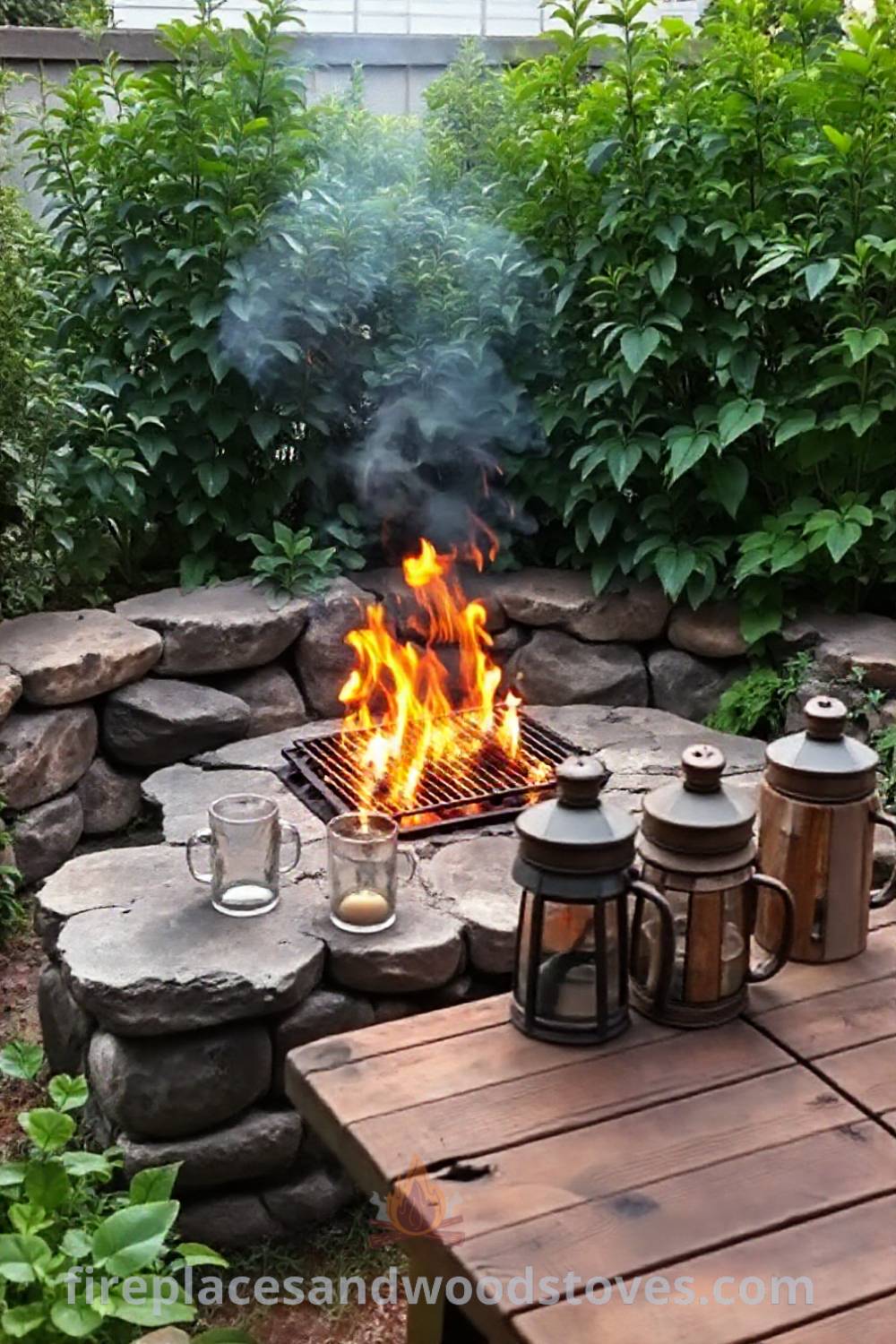 Wood-burning stone fire pit surrounded by greenery, with a rustic wooden table and lanterns, creating a cozy and inviting atmosphere for an outdoor gathering. Visit patioandhomefurniture.com for incredible ideas transforming your backyard into a stylish retreat.