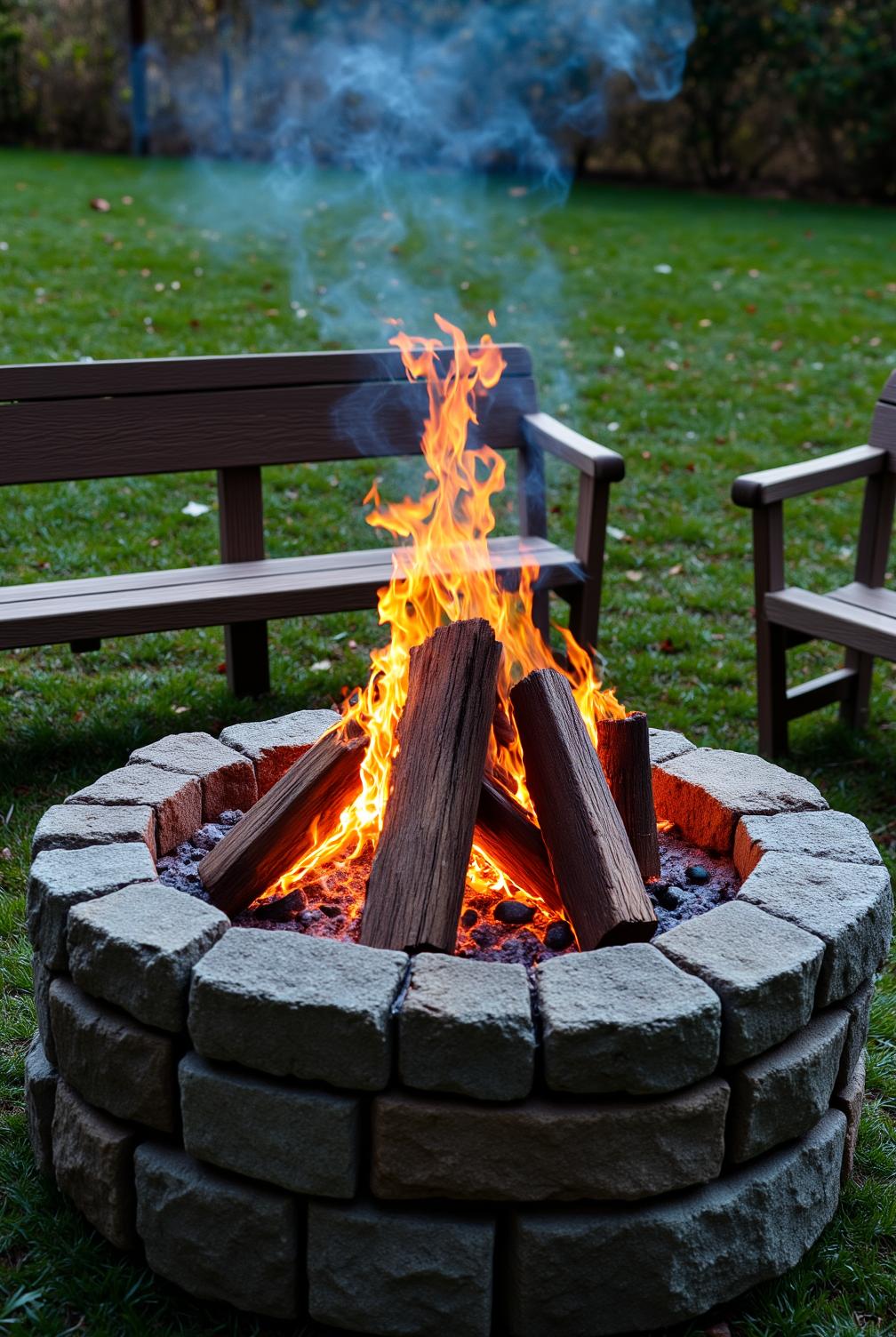 Cozy backyard fire pit surrounded by worn wooden benches, flickering flames casting warm light, inviting atmosphere for gatherings, perfect decor ideas for your home at fireplacesandwoodstoves.com.