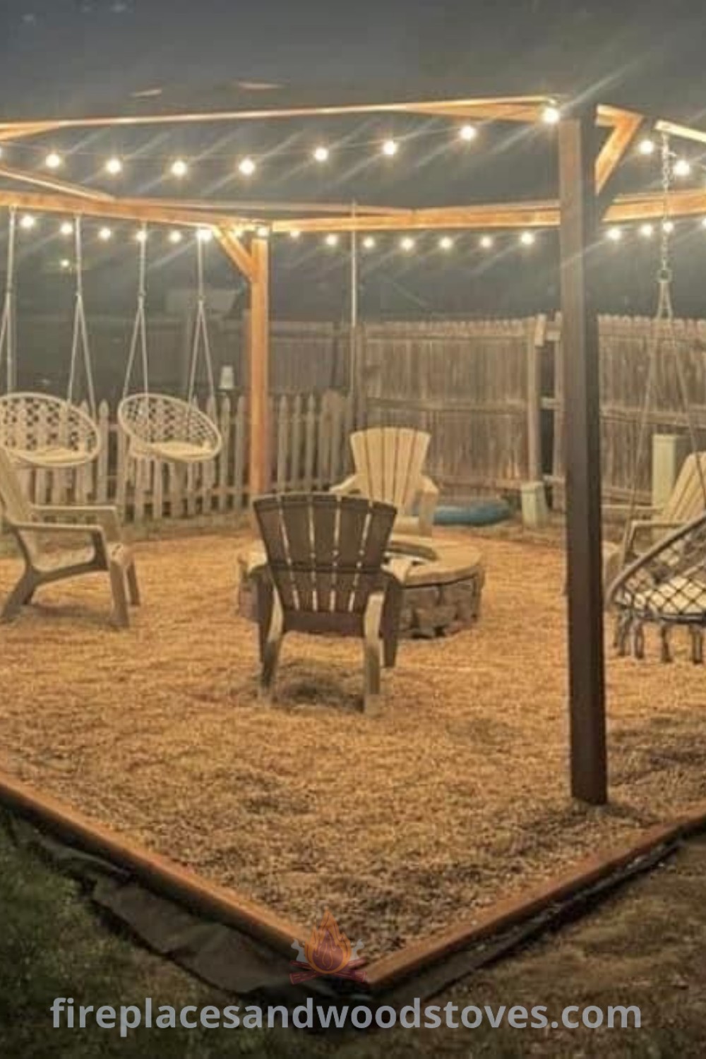 A cozy backyard area with swings, stylish chairs, and lights, featuring designs transforming your outdoor space for warmth and functionality. Discover incredible ideas for creating the perfect outdoor sitting area at patioandhomefurniture.com.