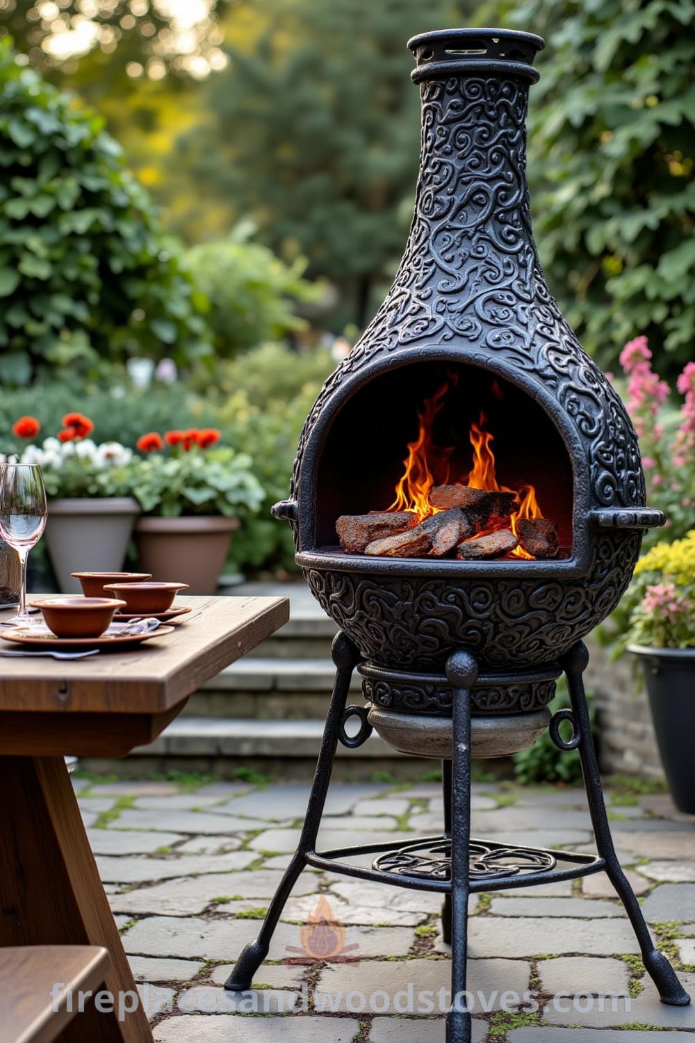 Victorian wrought iron outdoor barbecue with intricate scrollwork, flames dancing inside, complemented by a rustic wooden picnic table set for dining, creating a cozy outdoor atmosphere around greenery, featured on fireplacesandwoodstoves.com.