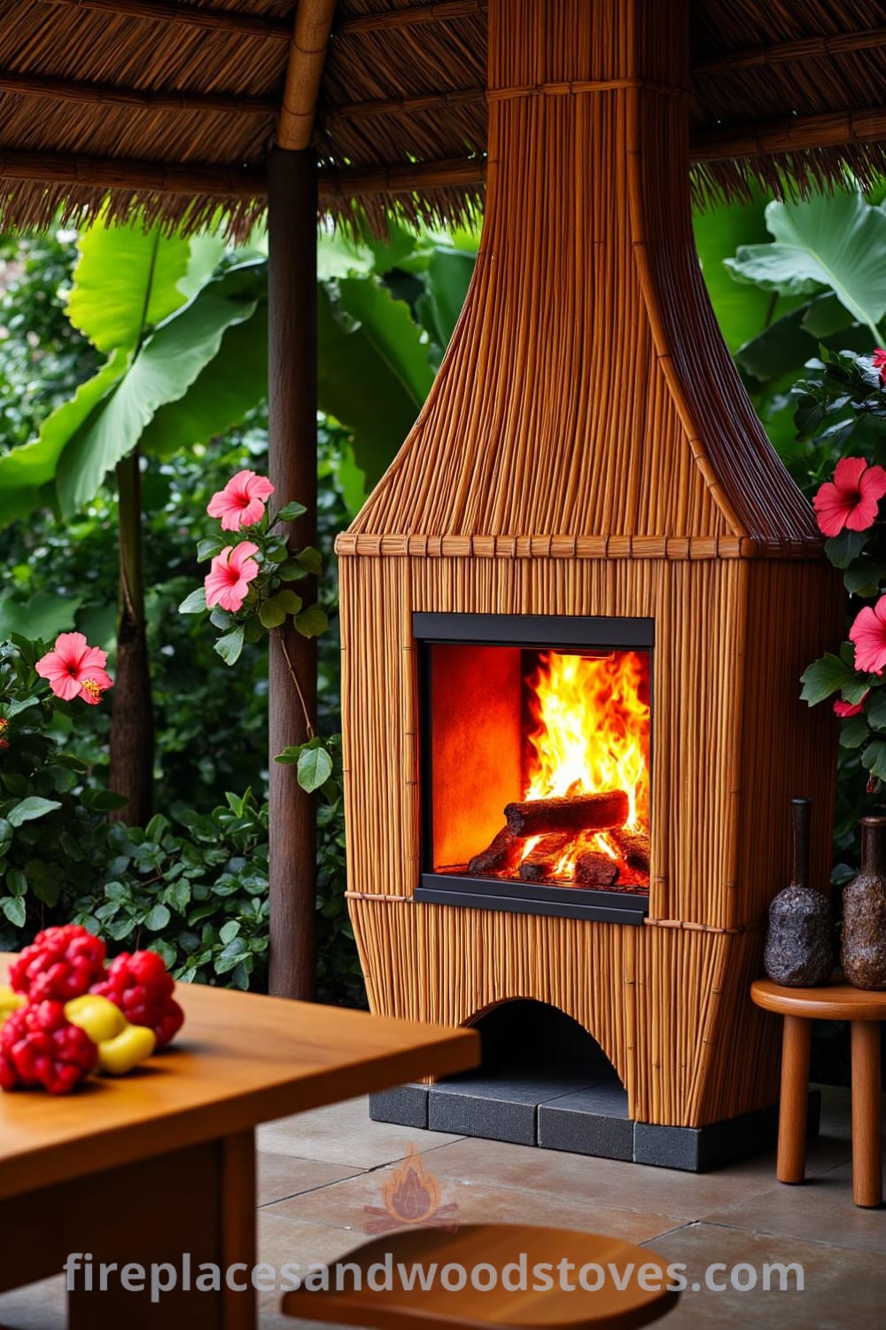 Tropical bamboo barbecue fireplace on a shaded patio surrounded by lush greenery and hibiscus flowers, featuring a cozy ambiance with warm flames, inviting wooden table with fresh fruits, perfect for evening gatherings, ideal decor inspirations from fireplacesandwoodstoves.com.
