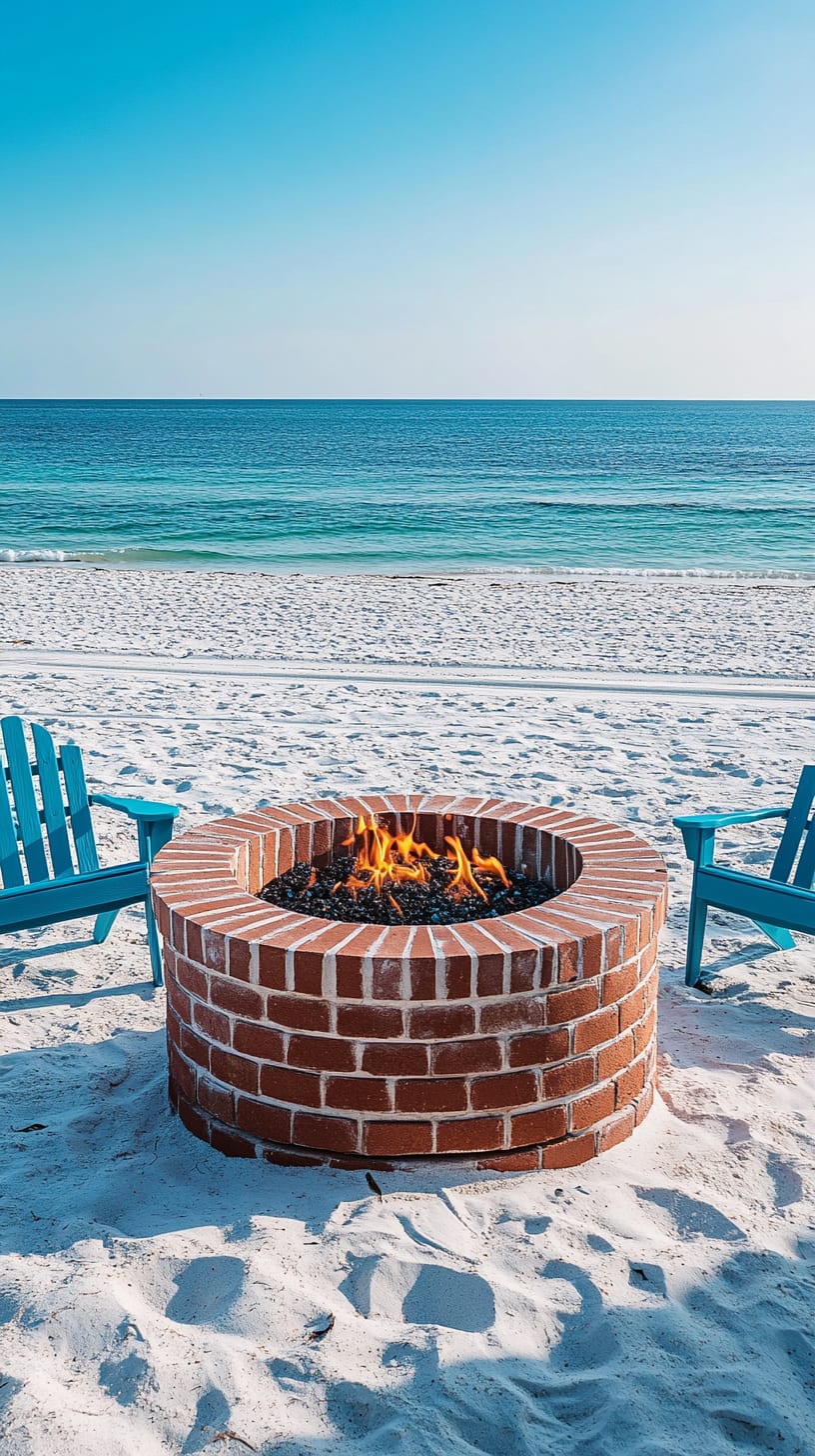 A cozy beach setup featuring a red brick fire pit and two blue chairs on white sand, with turquoise ocean waters in the background under a clear sky.