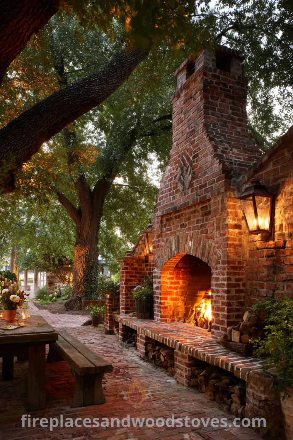 Cozy country backyard with aged brick outdoor fireplace, built-in log storage, and rustic outdoor fireplace features.