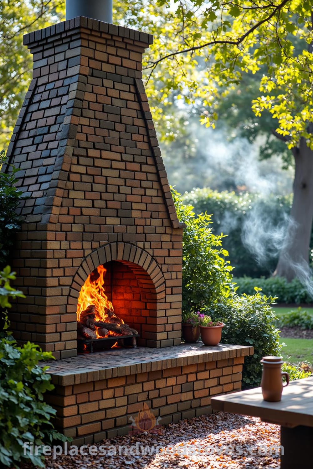 Tudor brick outside fireplace in a sun-dappled garden, surrounded by lush foliage, creating a cozy atmosphere for gatherings with mugs on a wooden table, designed to inspire home decor ideas and cozy living, featured on fireplacesandwoodstoves.com.