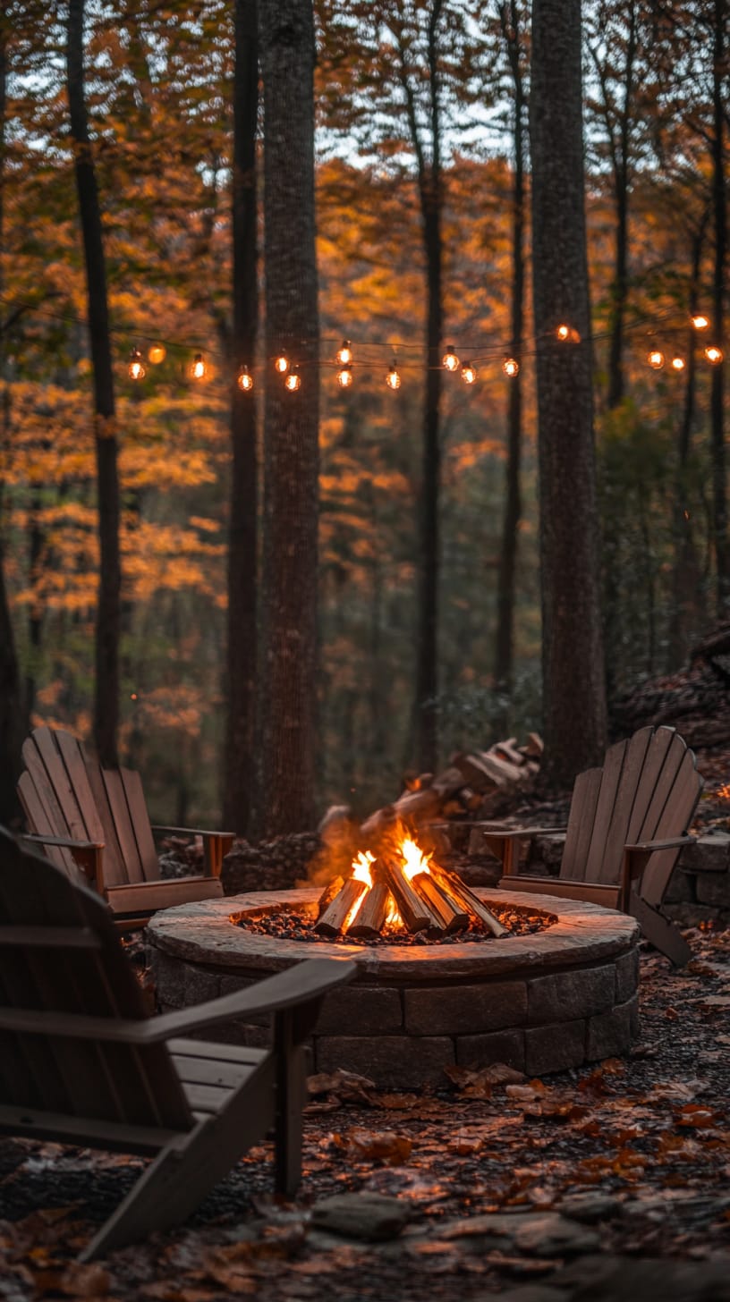 A cozy fire pit surrounded by comfortable chairs with autumn foliage and string lights in a forest setting during the evening.