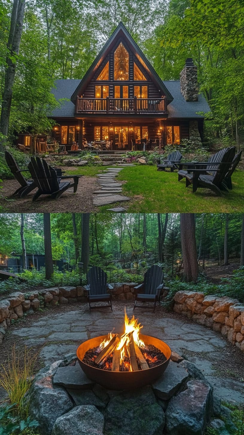 A cozy rustic log cabin nestled in a dense forest, featuring large windows and an outdoor fire pit surrounded by Adirondack chairs.