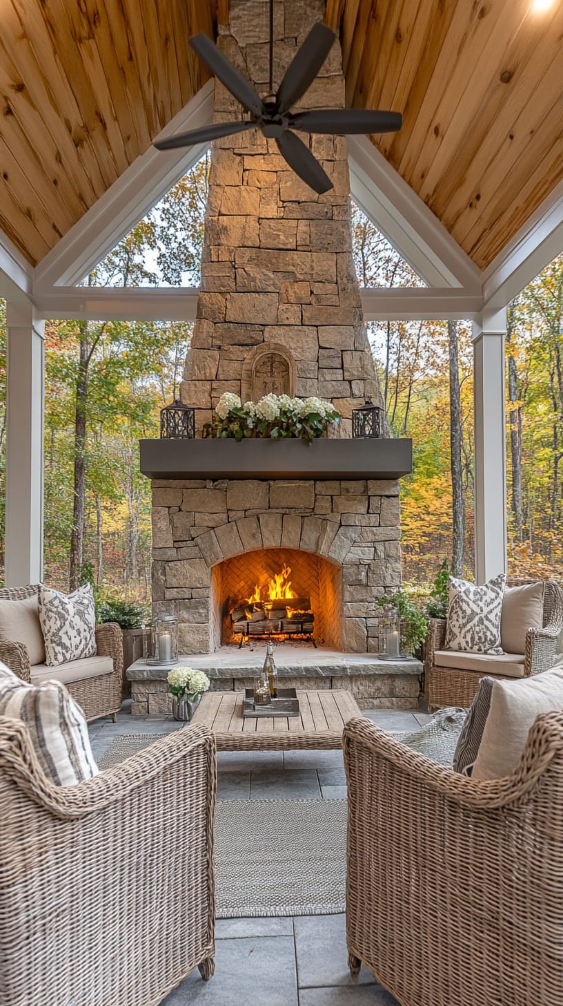 A cozy outdoor porch featuring a stone fireplace, wicker furniture, and autumn foliage, designed for relaxation and socializing.