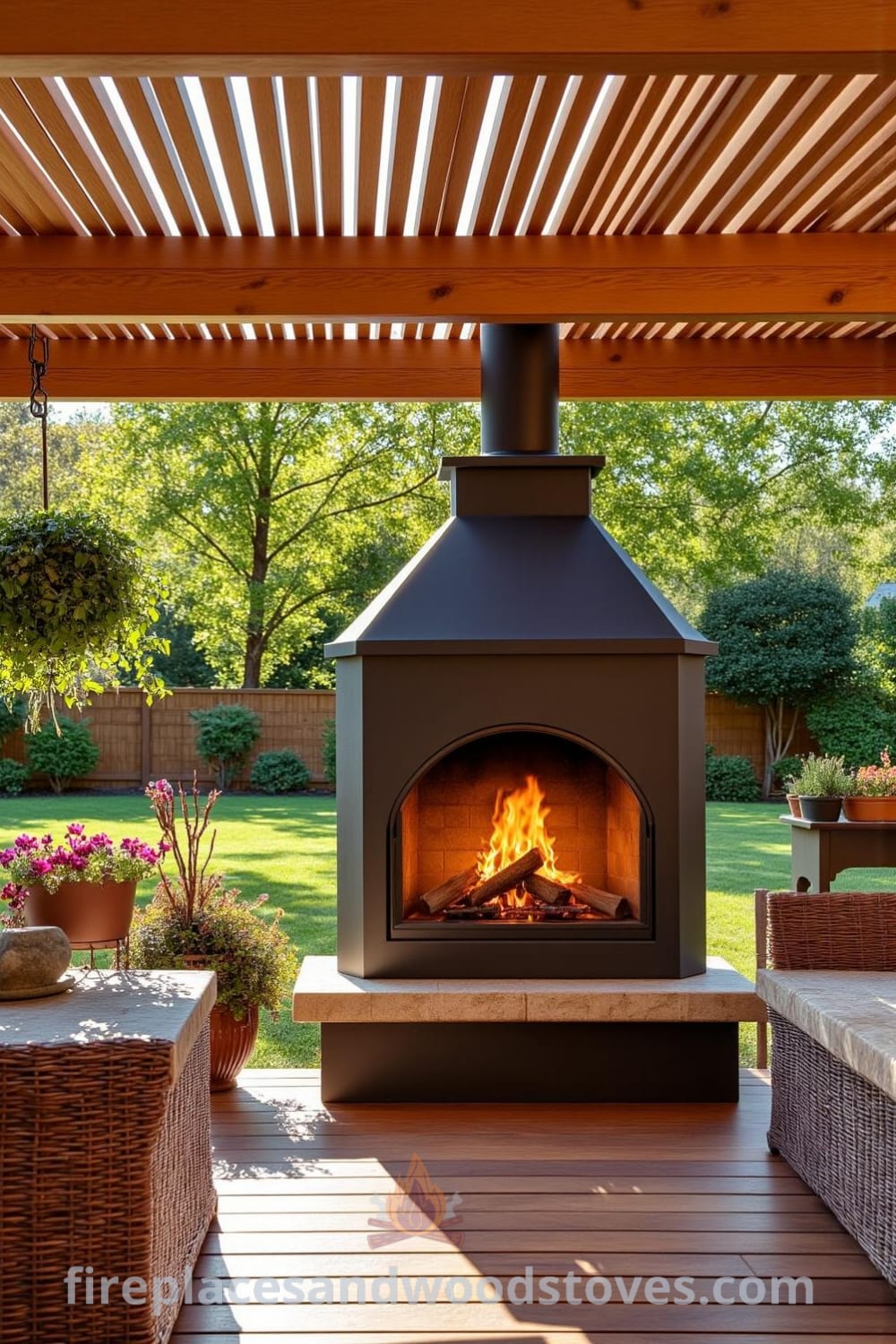 Cozy patio fireplace under a pergola with a warm glow of flames casting playful shadows on a wooden deck, surrounded by potted plants and rustic furniture, perfect for evening gatherings, showcasing decor ideas and inspirations from fireplacesandwoodstoves.com.