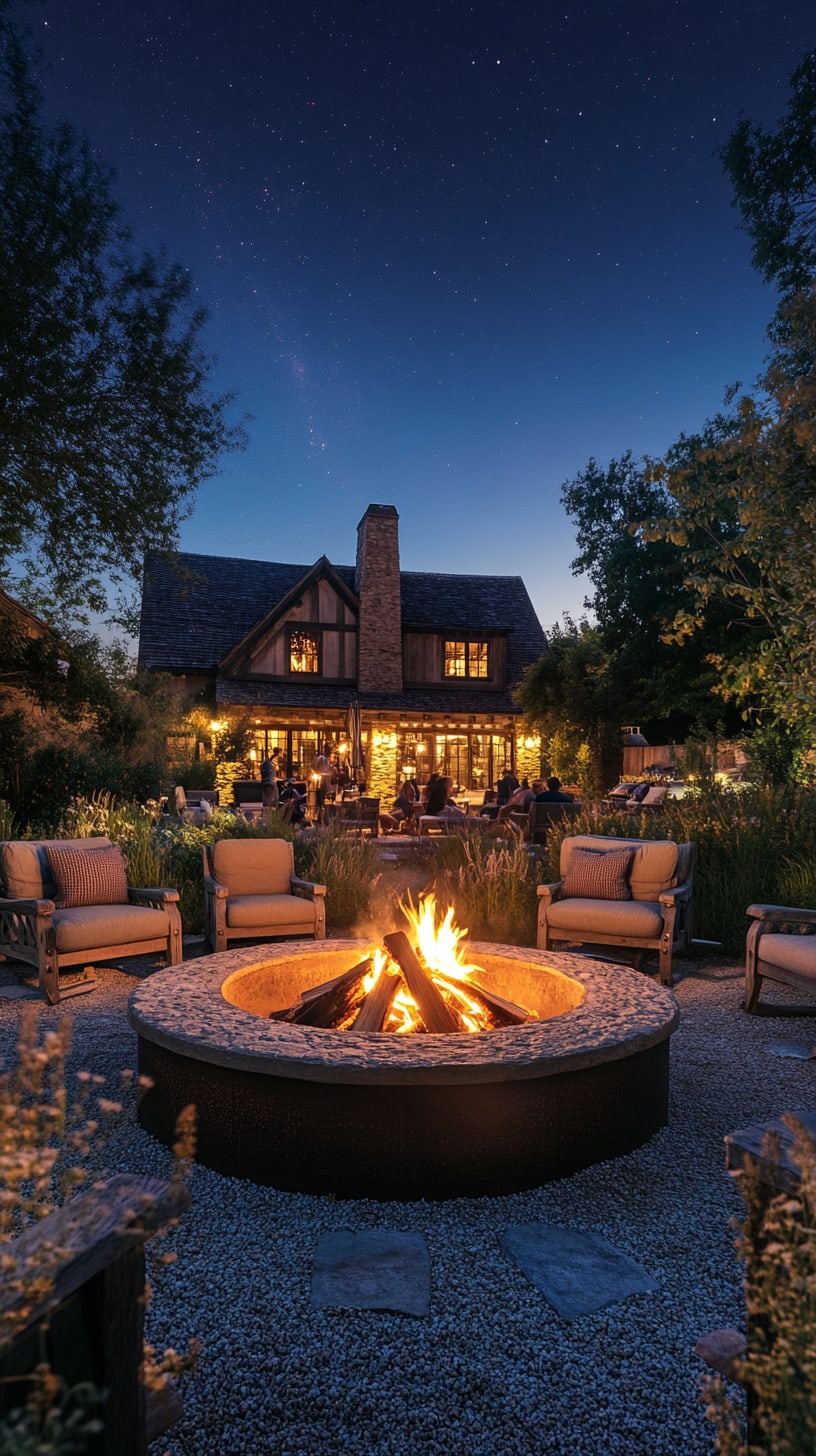 A grand rustic house with an outdoor fire pit, surrounded by comfortable seating and lush gardens under a starry night sky.
