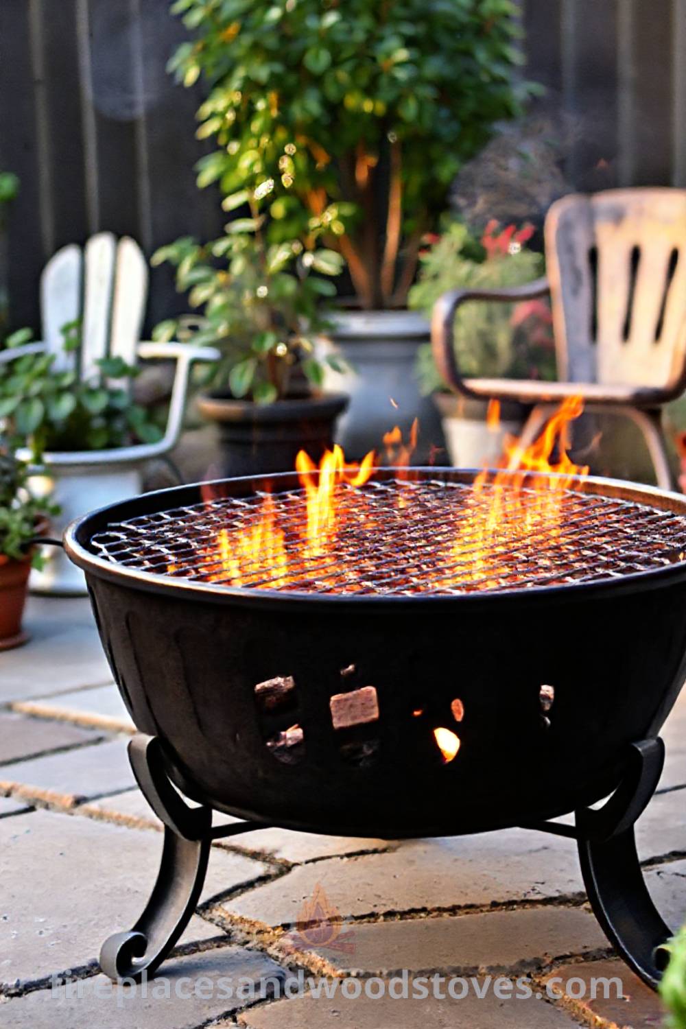 Metal charcoal-burning fire pit on a stone patio surrounded by potted plants and mismatched chairs, creating a cozy and inviting outdoor gathering space perfect for cookouts. Visit patioandhomefurniture.com for stylish outdoor design inspiration.