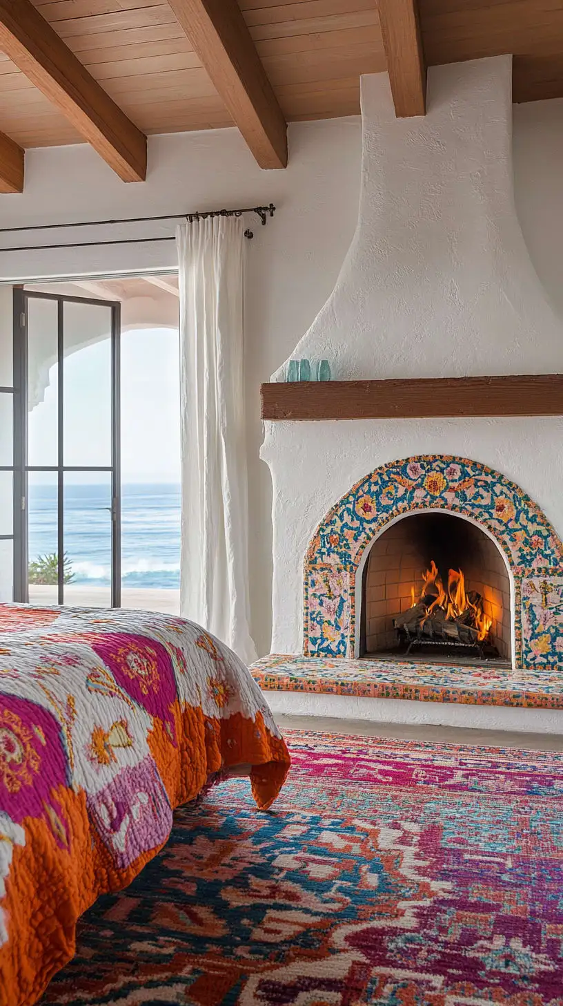 A colorful fireplace in a beach house bedroom, featuring white walls, a vibrant patterned rug, and large windows with ocean views.