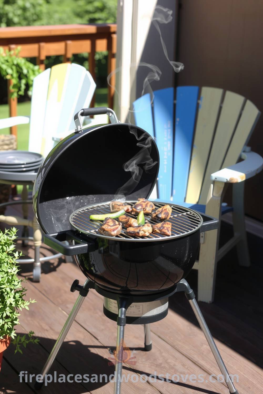 Cozy barbecue setup on a wooden deck with a grill emitting smoke and the aroma of grilled meat; colorful mismatched chairs for gatherings and a potted plant to enhance the cozy atmosphere, offering unique decor ideas for your home, from fireplacesandwoodstoves.com.