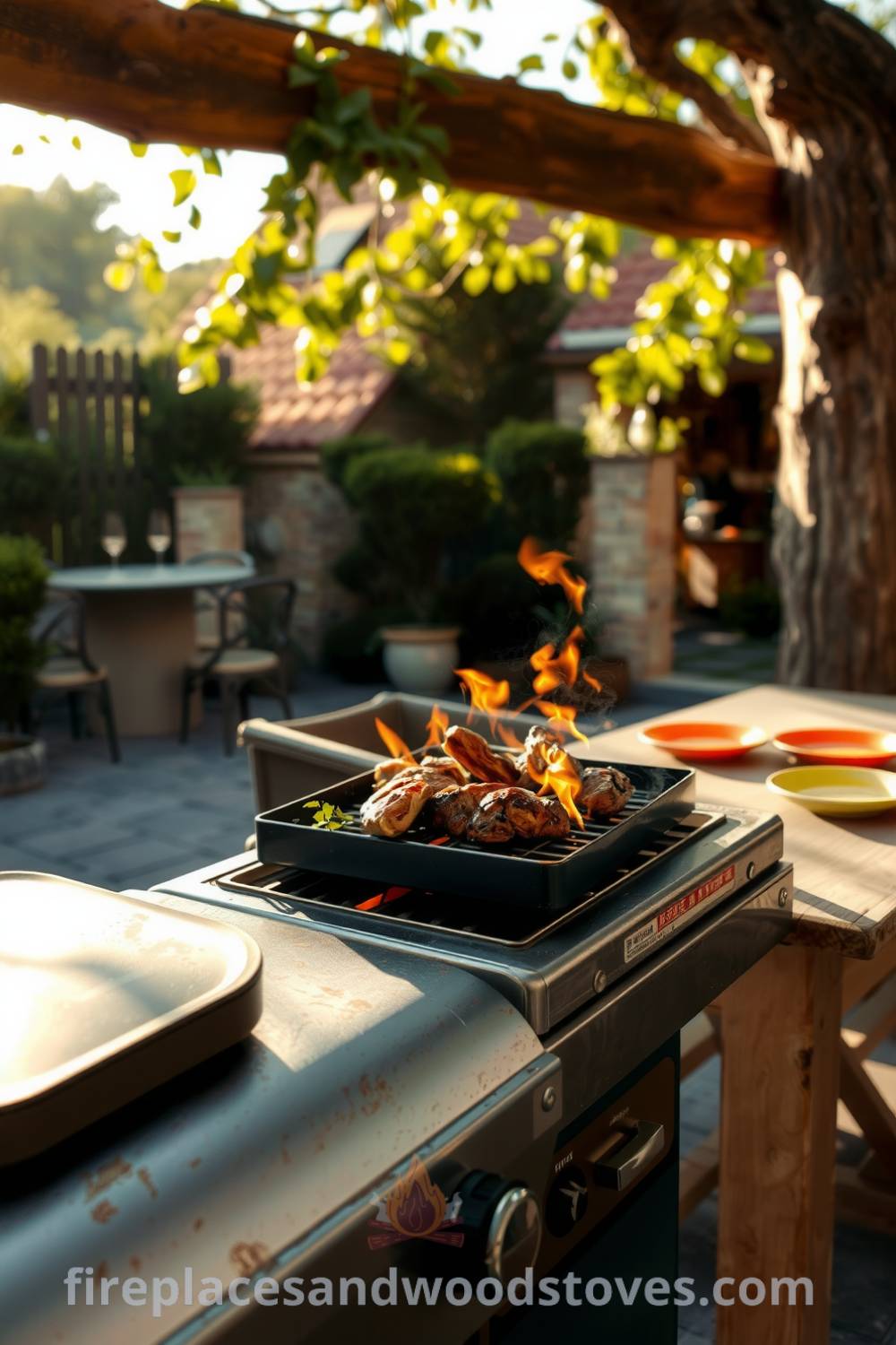 A barbecue grill on a sunlit patio with flickering flames enveloping marinated meat, surrounded by colorful plates on a rustic wooden table, inviting friends and family to share stories, creating a cozy atmosphere, perfect for outdoor gatherings. Visit fireplacesandwoodstoves.com for more cozy ideas.