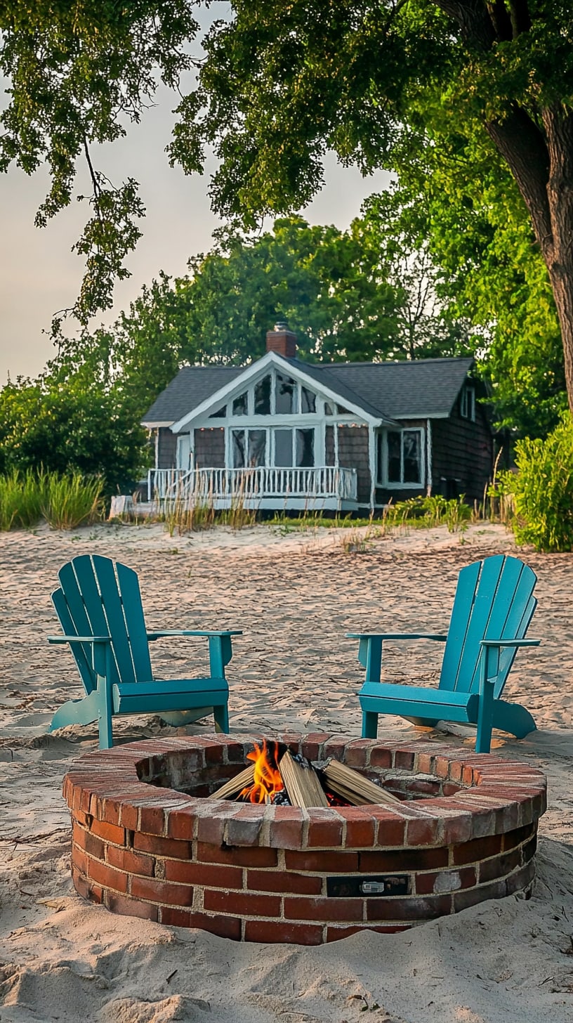 A quaint beach house with two blue chairs and a brick fire pit on the sandy shore of Lake Michigan, surrounded by nature.