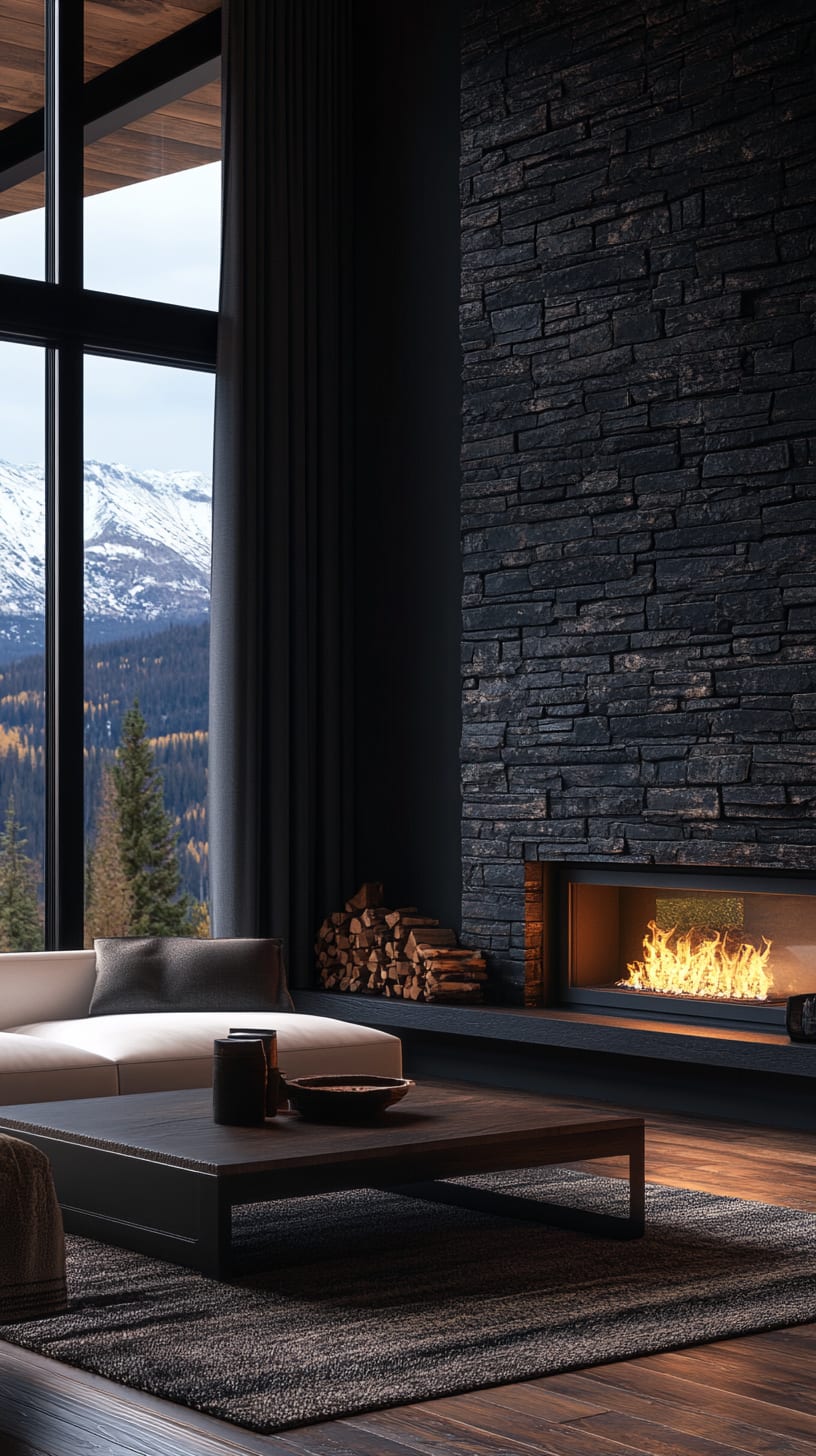 A modern living room featuring a black stone fireplace, a white sofa, and a large window with a view of snowy mountains at night.