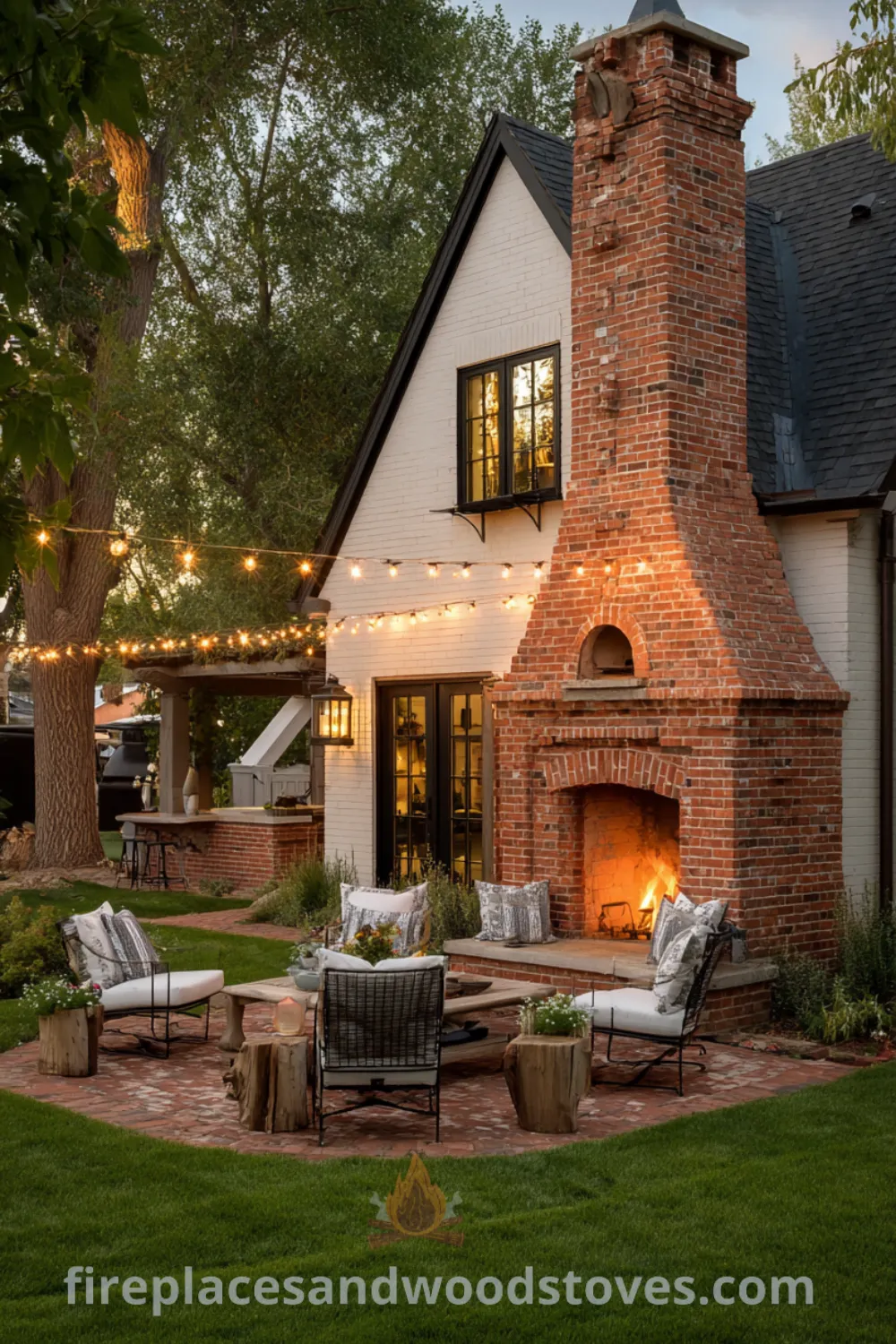 Outdoor fireplace with classic red brick, built-in pizza oven, string lights, and cozy farmhouse fireplace ambiance.