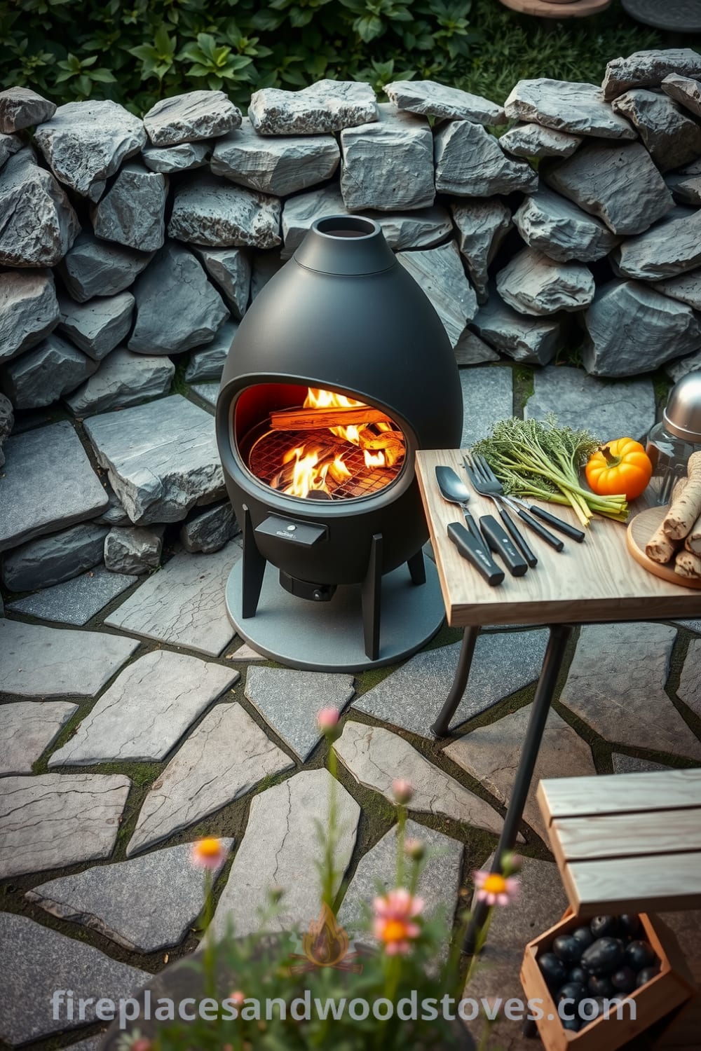 Scandinavian outdoor barbecue on a stone patio with wood-burning design, warm glow, and grilling tools; featuring fresh vegetables and wildflowers, creating a serene atmosphere for cozy outdoor gatherings. For more ideas, visit fireplacesandwoodstoves.com.
