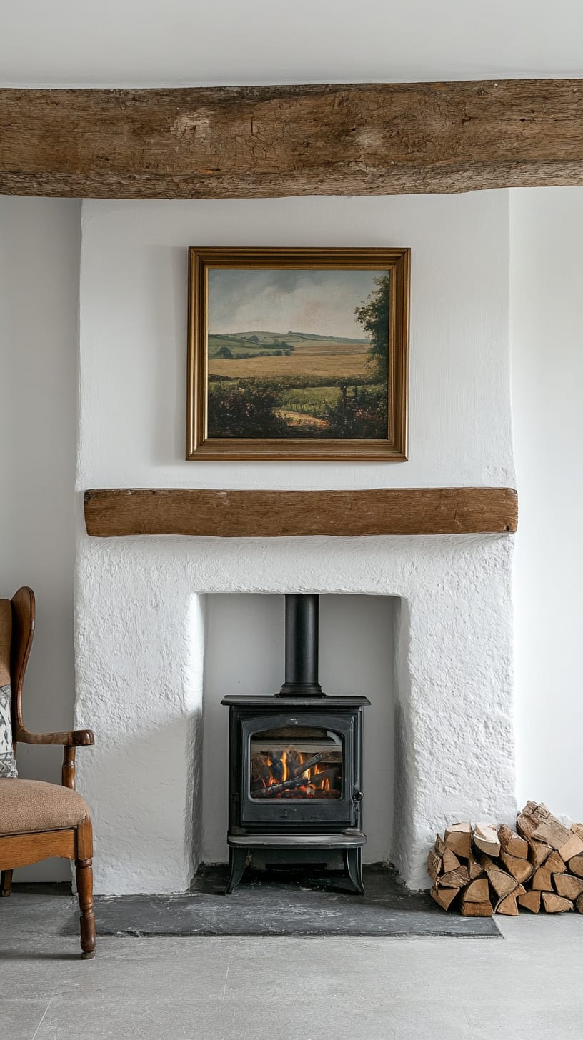A rustic cottage fireplace featuring white walls, dark wood beams, a black stove, and a stack of firewood beside it, exuding a warm and inviting atmosphere.
