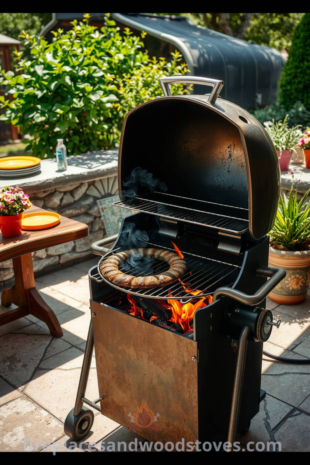Sturdy steel barbecue on a sunlit patio with colorful food platters, vibrant flowerpots, and charred grill grates, creating a cozy atmosphere for outdoor gatherings. For more ideas, visit fireplacesandwoodstoves.com.