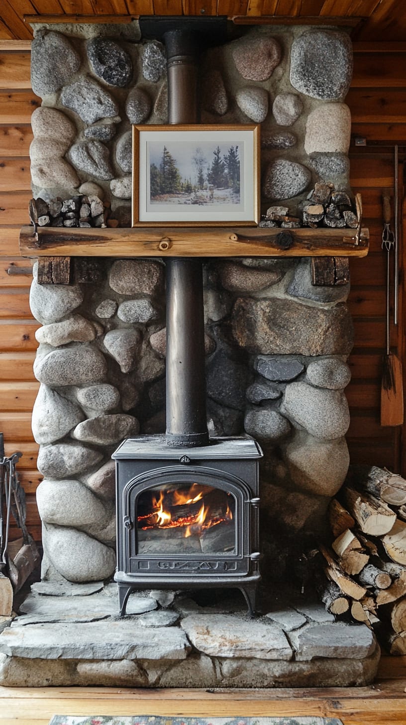 A rustic cabin fireplace made from large river rocks with a wood stove, surrounded by piles of firewood, creating a warm and inviting atmosphere.