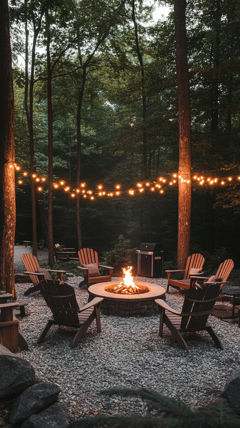 A cozy outdoor fire pit surrounded by wooden chairs and string lights, set in a serene forest clearing at night.