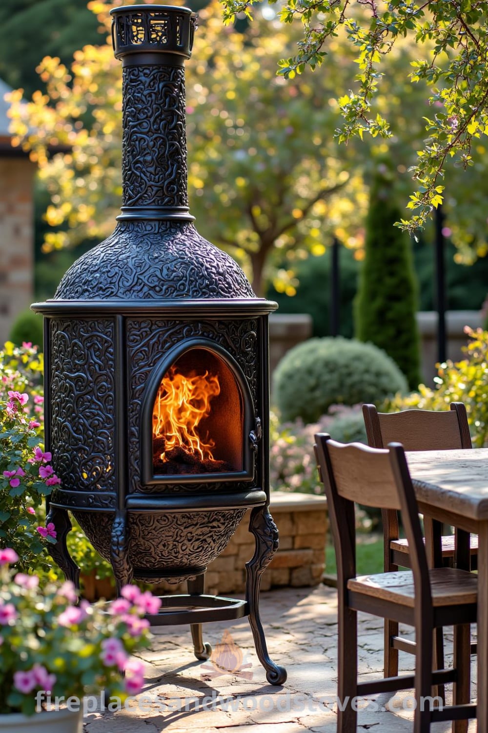 Victorian wrought iron outdoor barbecue on a stone patio with flickering flames, surrounded by rustic wooden furniture and blooming plants, creating a cozy atmosphere for gatherings, featured on fireplacesandwoodstoves.com.