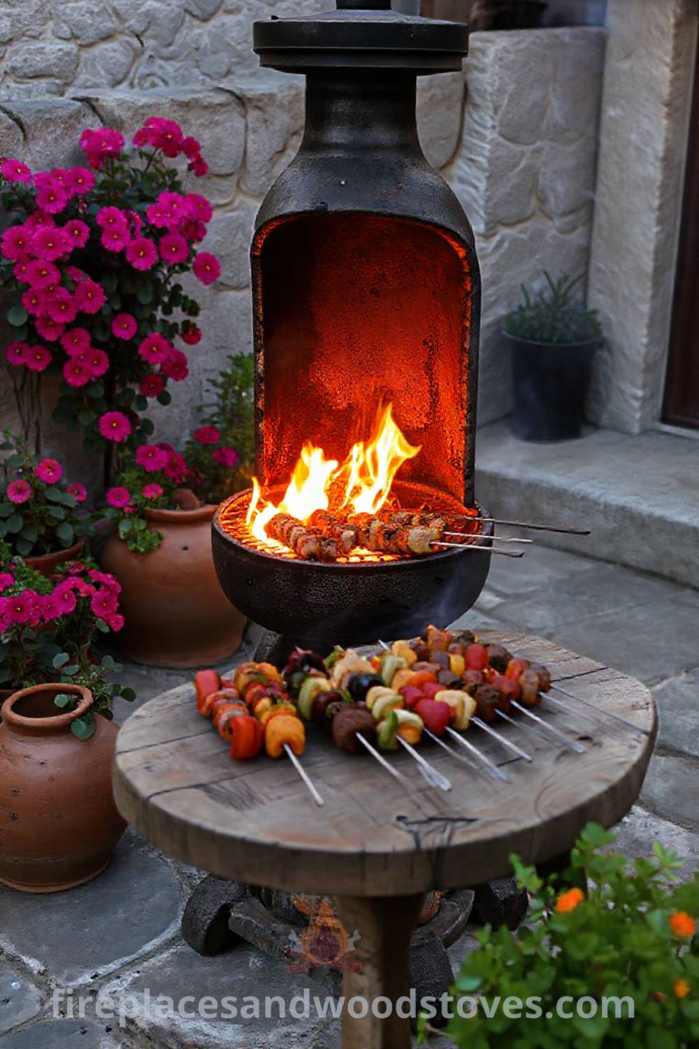 Traditional Turkish mangal barbecue on a stone patio surrounded by blooming geraniums and potted herbs, featuring skewers ready for grilling, creating a cozy outdoor atmosphere for gatherings. Visit patioandhomefurniture.com for stylish ideas that will wow your guests.