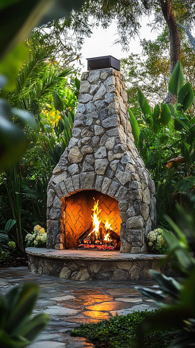A stone outdoor fireplace surrounded by lush greenery and plants, with a bright fire burning inside, creating a cozy atmosphere in a garden setting.