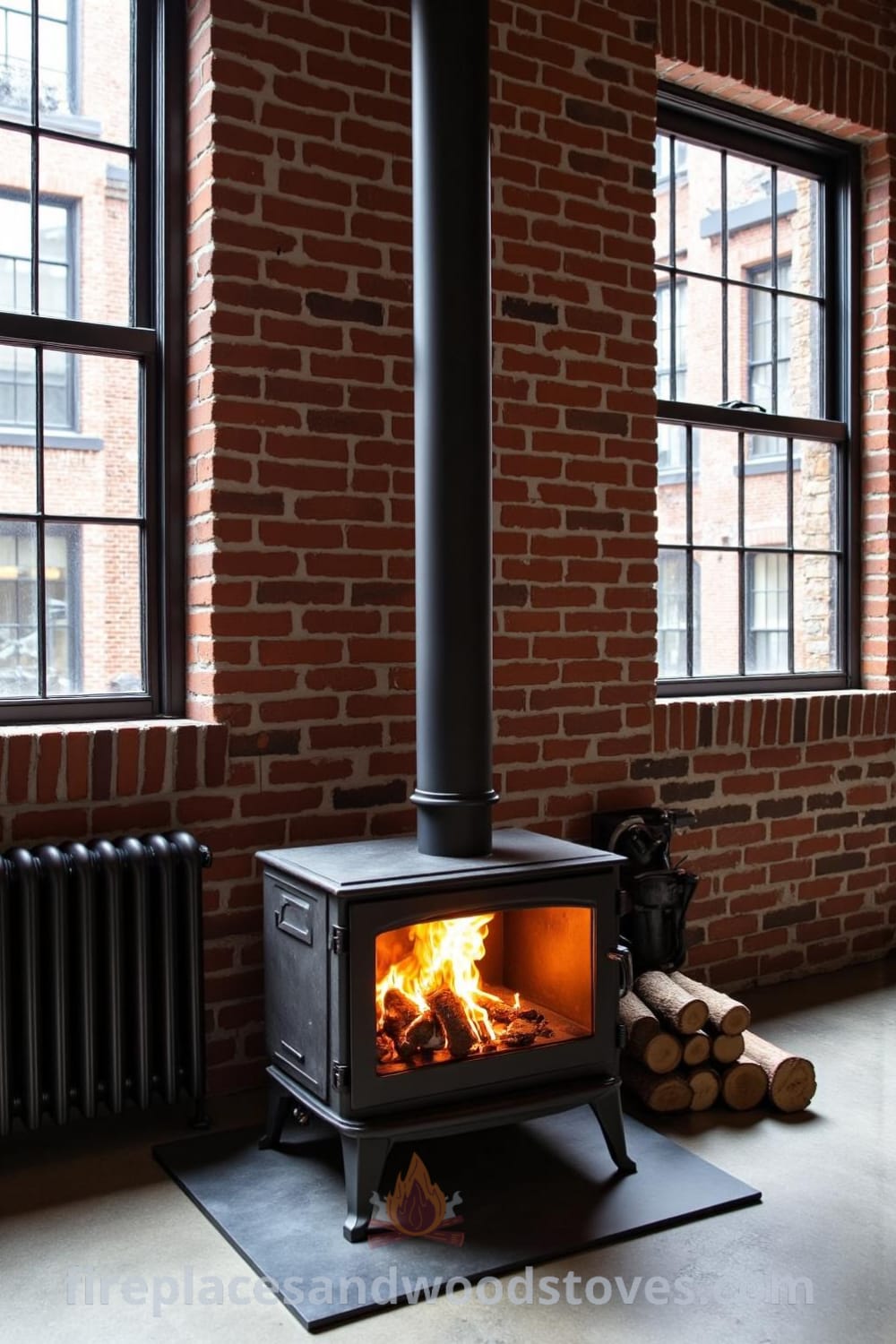 Industrial metal pipe woodstove fireplace in a spacious urban loft with exposed brick walls, polished concrete floor reflecting warm flickering flames, and an inviting arrangement of charred logs beside it, showcasing unique decor ideas for a cozy home at fireplacesandwoodstoves.com.