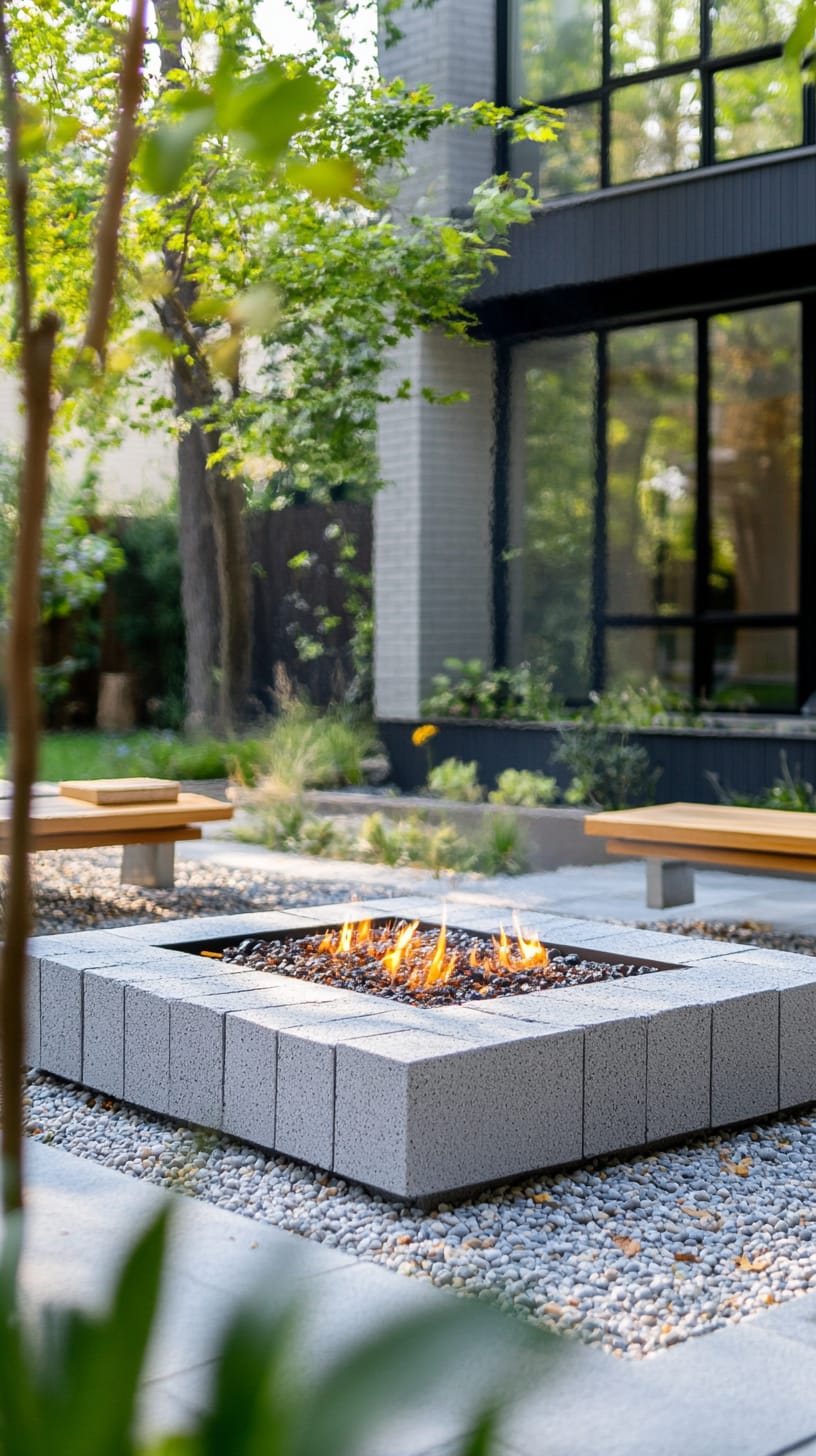 A modern outdoor fire pit with gray stone, wooden benches, and lush greenery in an urban courtyard setting.