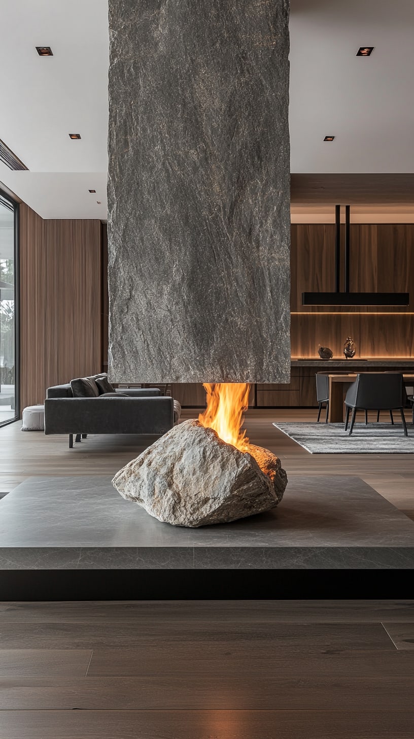 A modern living room featuring a gray stone fireplace with a large log burning, surrounded by wooden flooring and minimalistic decor, illuminated by natural light from large windows.
