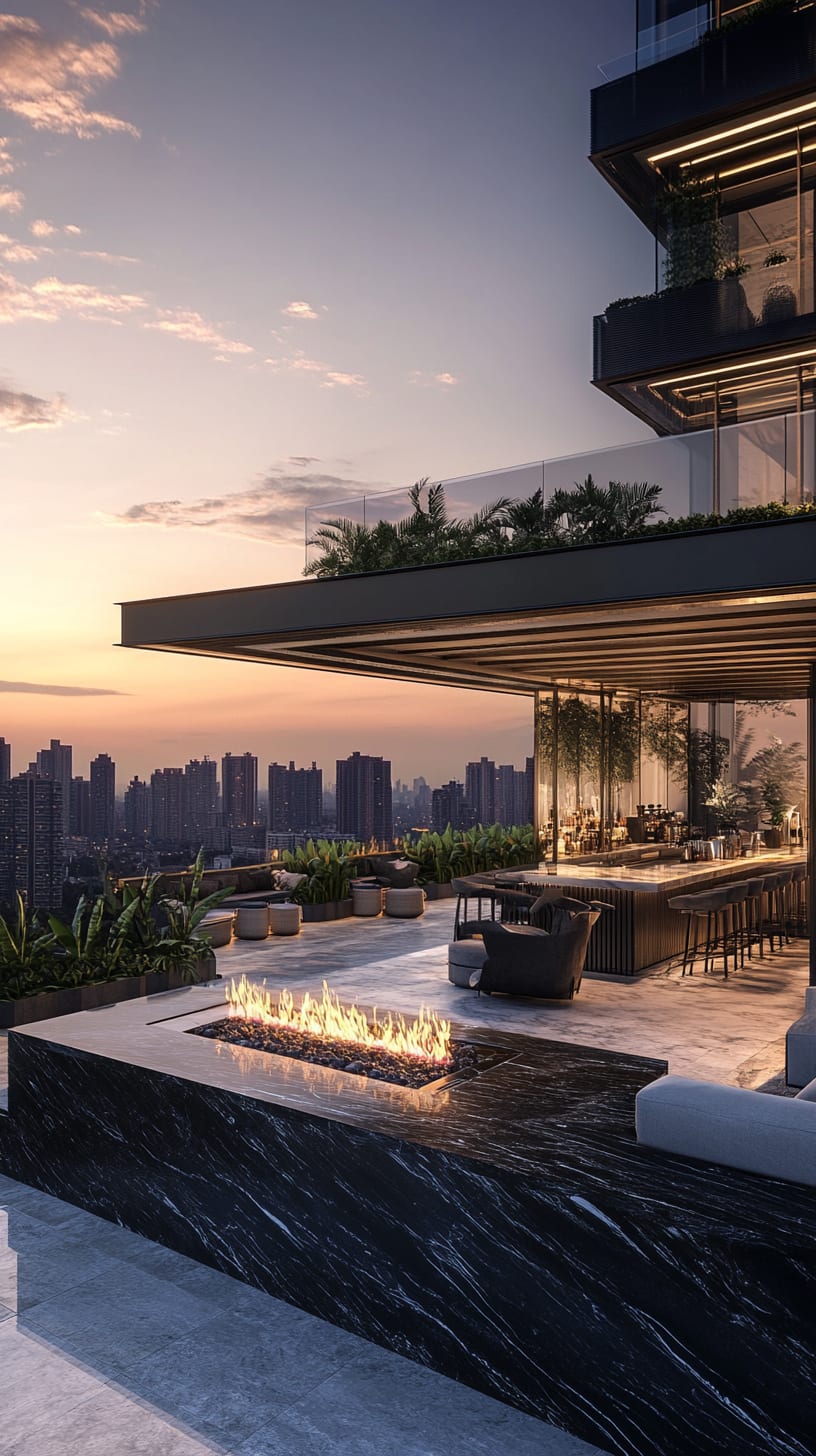 A luxurious black marble rooftop terrace with a fire pit and seating, surrounded by greenery and overlooking a city skyline at sunset.