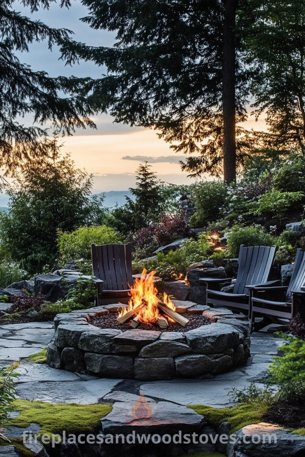 Fire pit area on fireplacesandwoodstoves.com, showcasing a cozy outdoor fire pit with sunken seating, perfect for backyard ideas and relaxing evenings, complemented by inspiring garden designs for your outdoor living space.