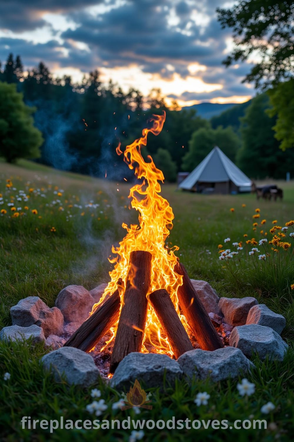 Rustic nomadic firepit surrounded by wildflowers in a grassy picnic area, with friends gathered around vibrant orange flames, rough-hewn wooden log seating, and wisps of smoke rising under a dusky sky, creating a cozy atmosphere for outdoor gatherings, as featured on fireplacesandwoodstoves.com.