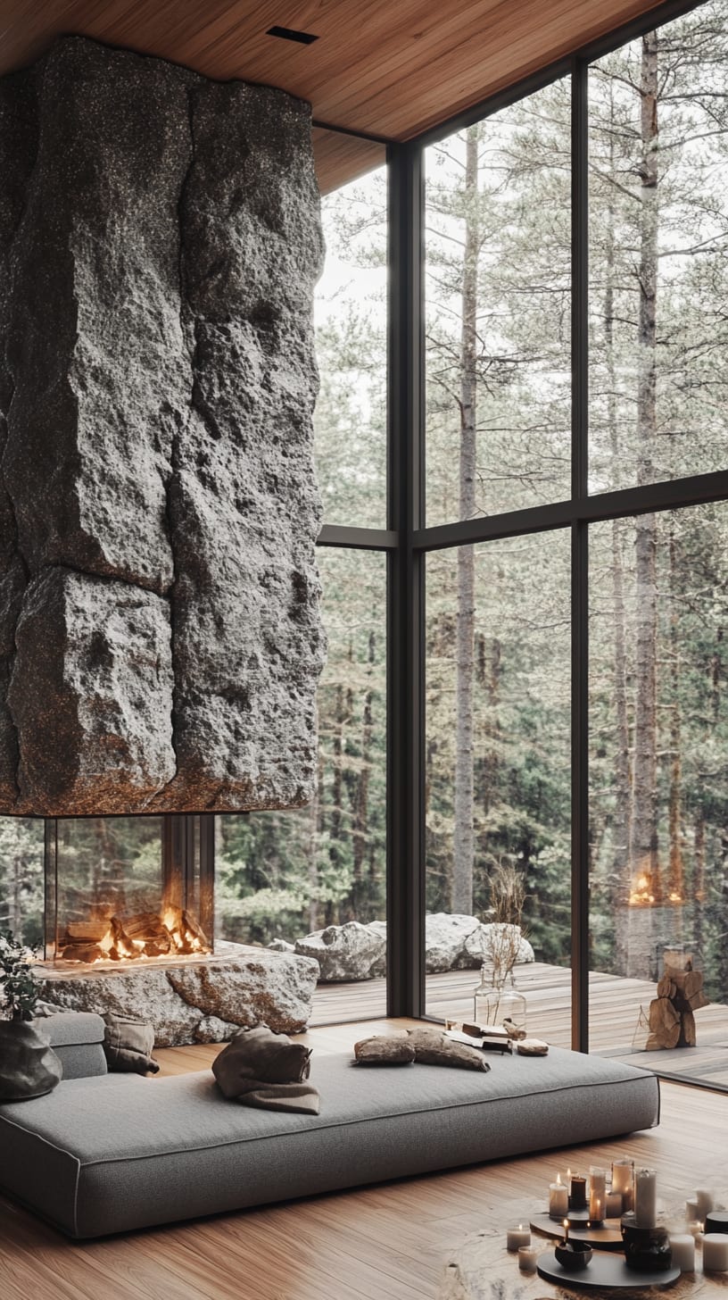 A cozy living room featuring a stone fireplace, a grey sofa, and floor-to-ceiling windows with a view of the forest, creating a warm and inviting atmosphere.