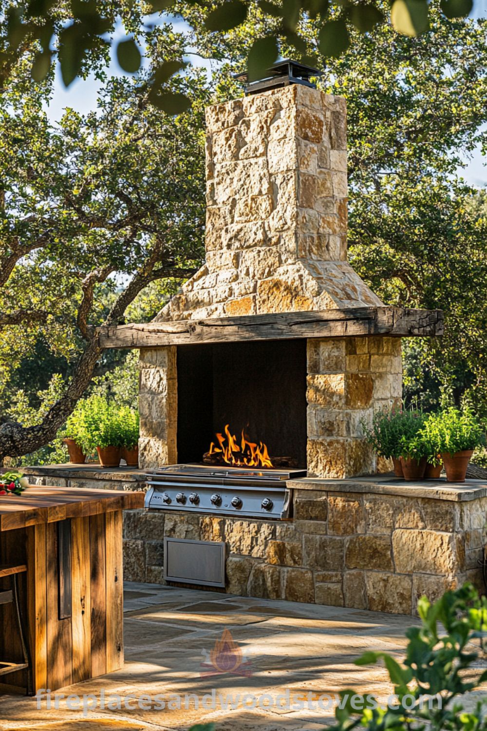 Outdoor kitchen with a rustic wood-burning fireplace made of rough-hewn stone, surrounded by wooden counters and pots of fresh herbs, creating a cozy and inviting atmosphere for family gatherings, featured on wellnesswink.com with various cozy ideas and decor inspirations.