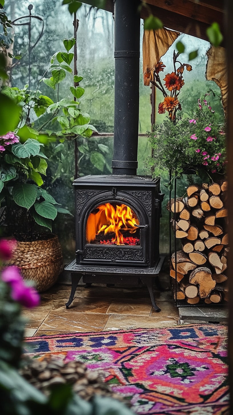 A cozy wood stove surrounded by colorful flowers and a vibrant rug in a lush outdoor garden setting.