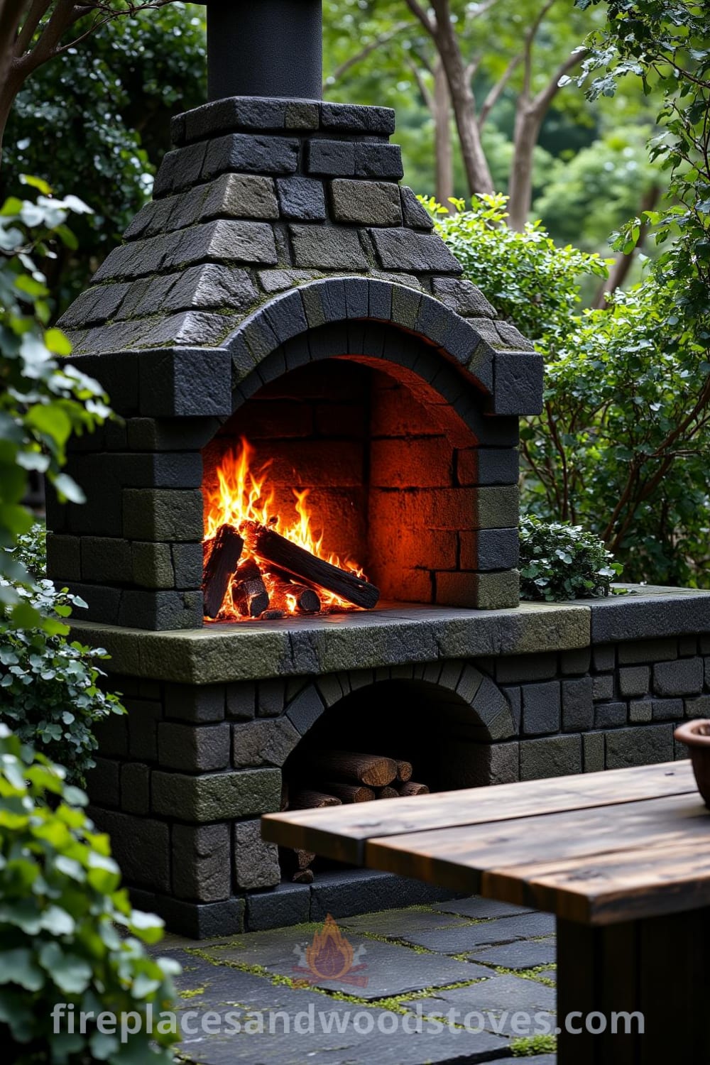 Gothic stone outdoor barbecue surrounded by vibrant greenery, with flickering flames and an ancient wooden table nearby, creating a cozy garden setting perfect for gatherings. Find more cozy ideas for your home at fireplacesandwoodstoves.com.