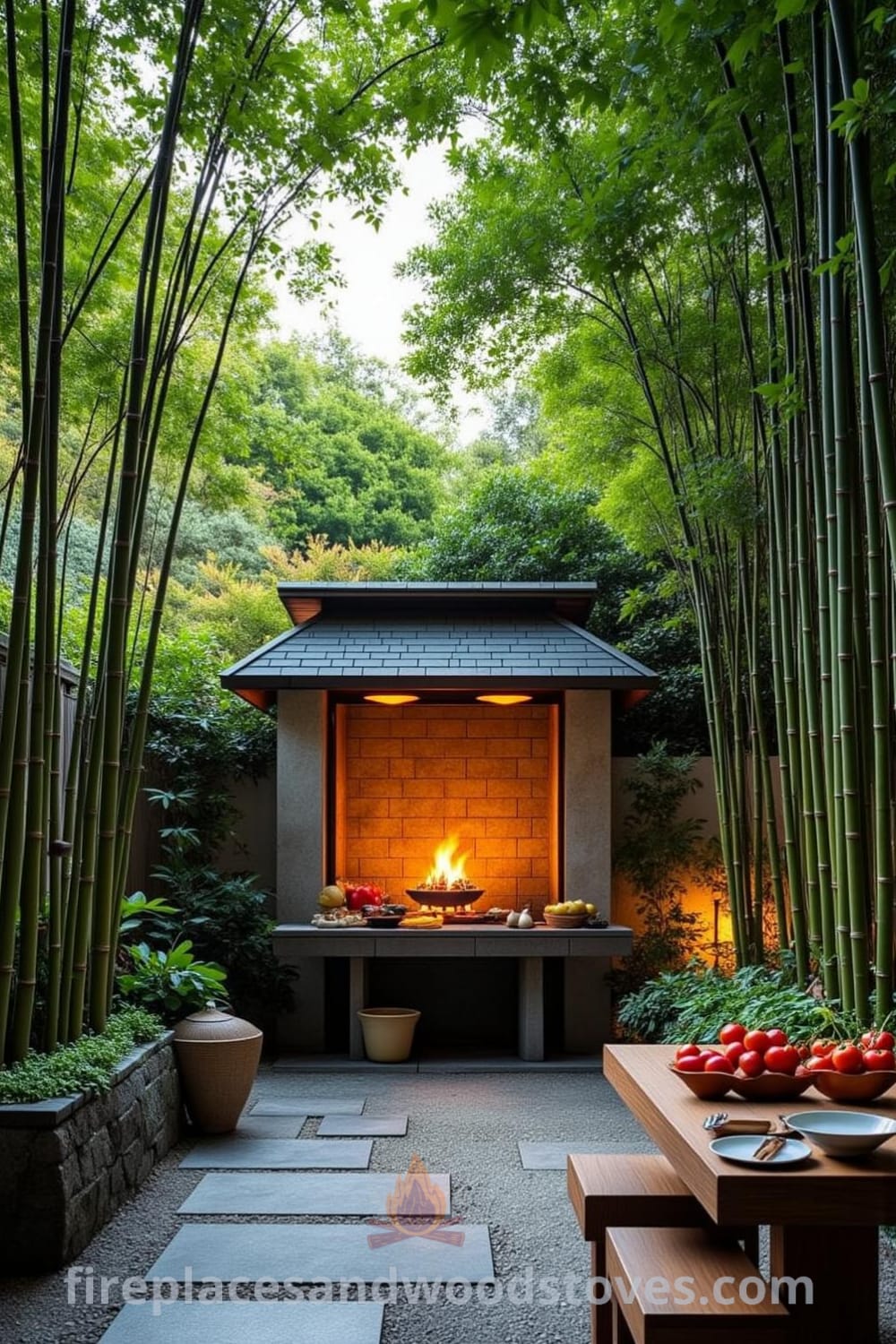 Serene Japanese Zen outdoor barbecue surrounded by tall bamboo, featuring wood-fired grills, uneven stone path, fresh vegetables on a wooden table, creating a cozy atmosphere perfect for gatherings and relaxation. Visit fireplacesandwoodstoves.com for inspiring design ideas.