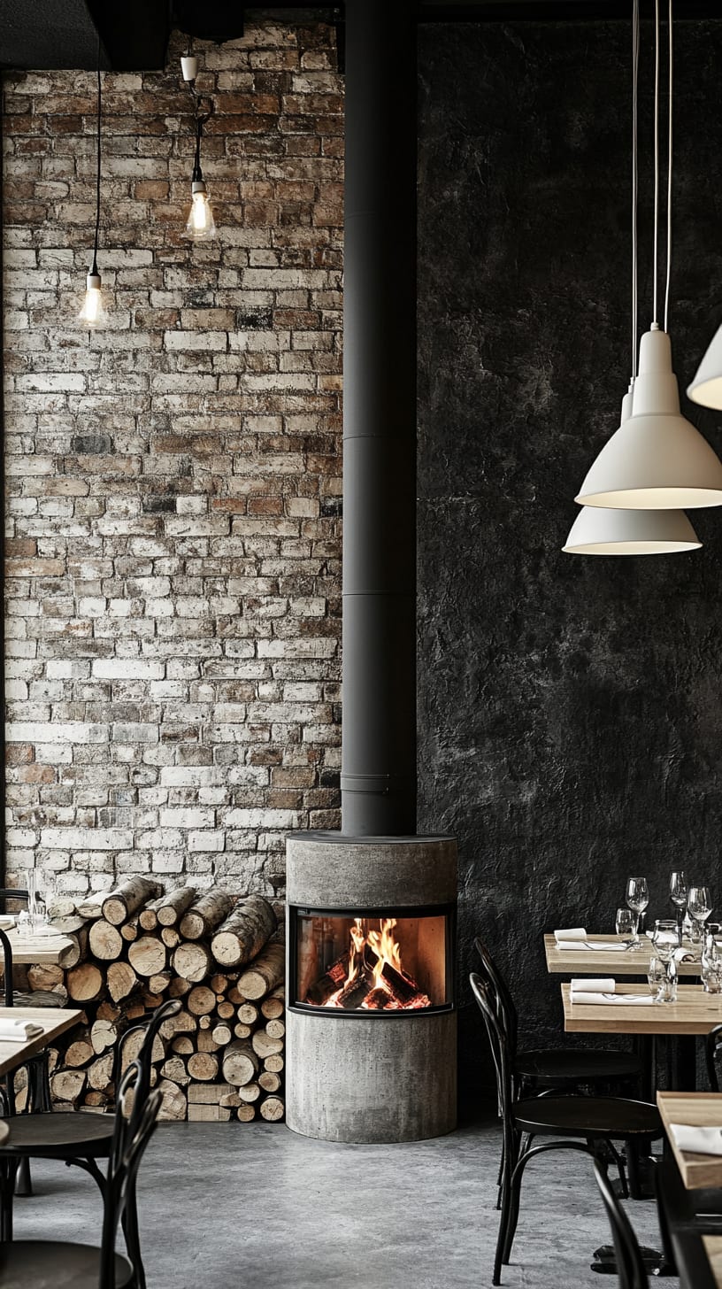 A modern Scandinavian restaurant interior featuring a black brick wall, a wood-burning stove, dark wooden tables, and white pendant lighting, creating a warm and inviting atmosphere.
