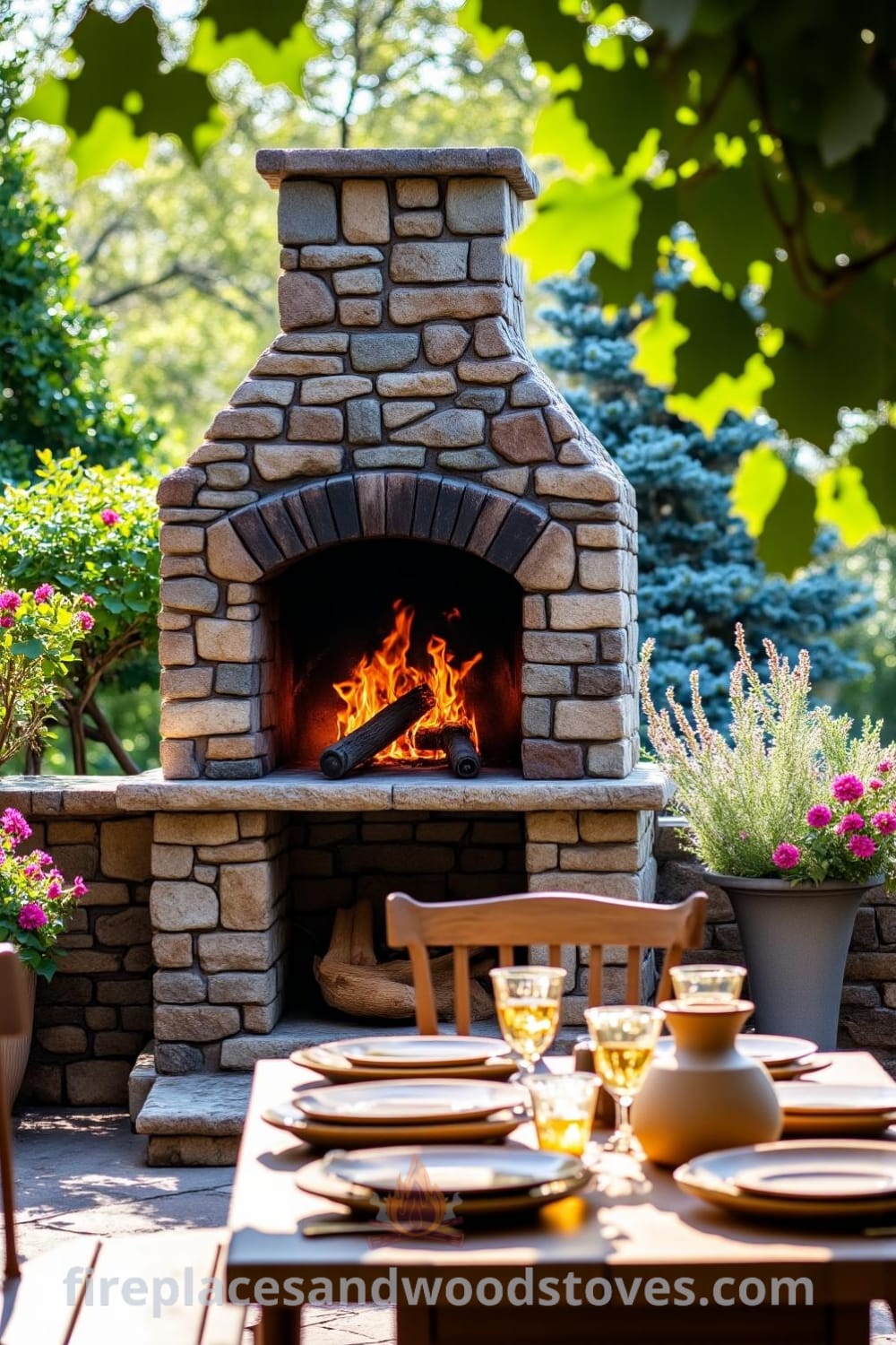 Rustic outdoor barbecue made of rough-hewn stones, with roaring wood flames and smoke, surrounded by a lush patio with vibrant flower beds, inviting gatherings of friends and family for cozy meals—ideal decor ideas for your home. Visit fireplacesandwoodstoves.com for more unique inspirations.