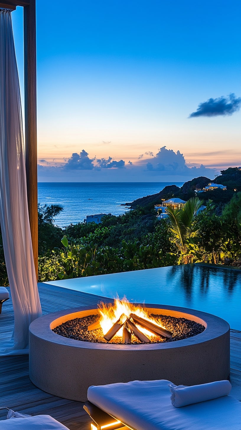 A modern outdoor fire pit surrounded by greenery and white curtains, overlooking the ocean at dusk, with seating arranged around the flames.