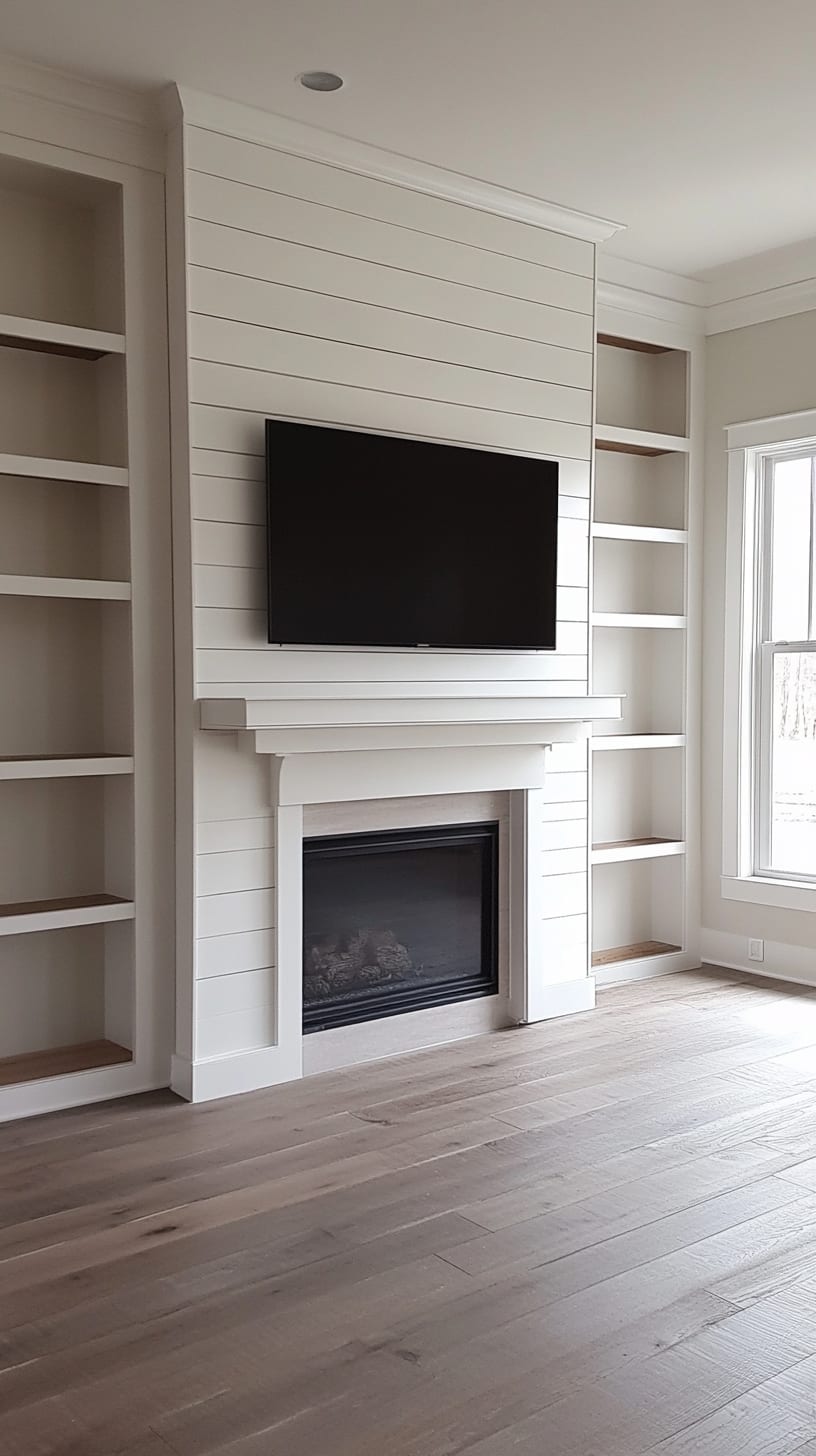 A living room featuring a white shiplap wall above a fireplace with built-in shelves and a flat-screen TV, complemented by light oak flooring.