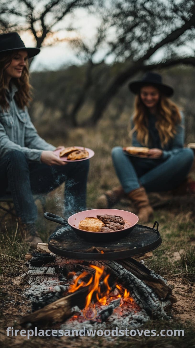 Two women sitting around a campfire, enjoying steak and fried eggs served in pink bowls on an iron griddle, wearing cowboy hats and jeans against a background of Texas hill country with trees and cacti.