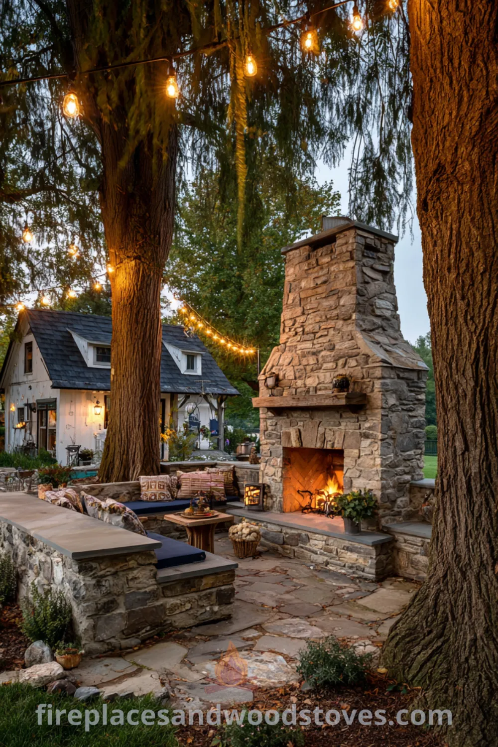 Cozy farmhouse outdoor fireplace surrounded by mature trees, string lights, and integrated seating wood benches for a charming outdoor vibe.