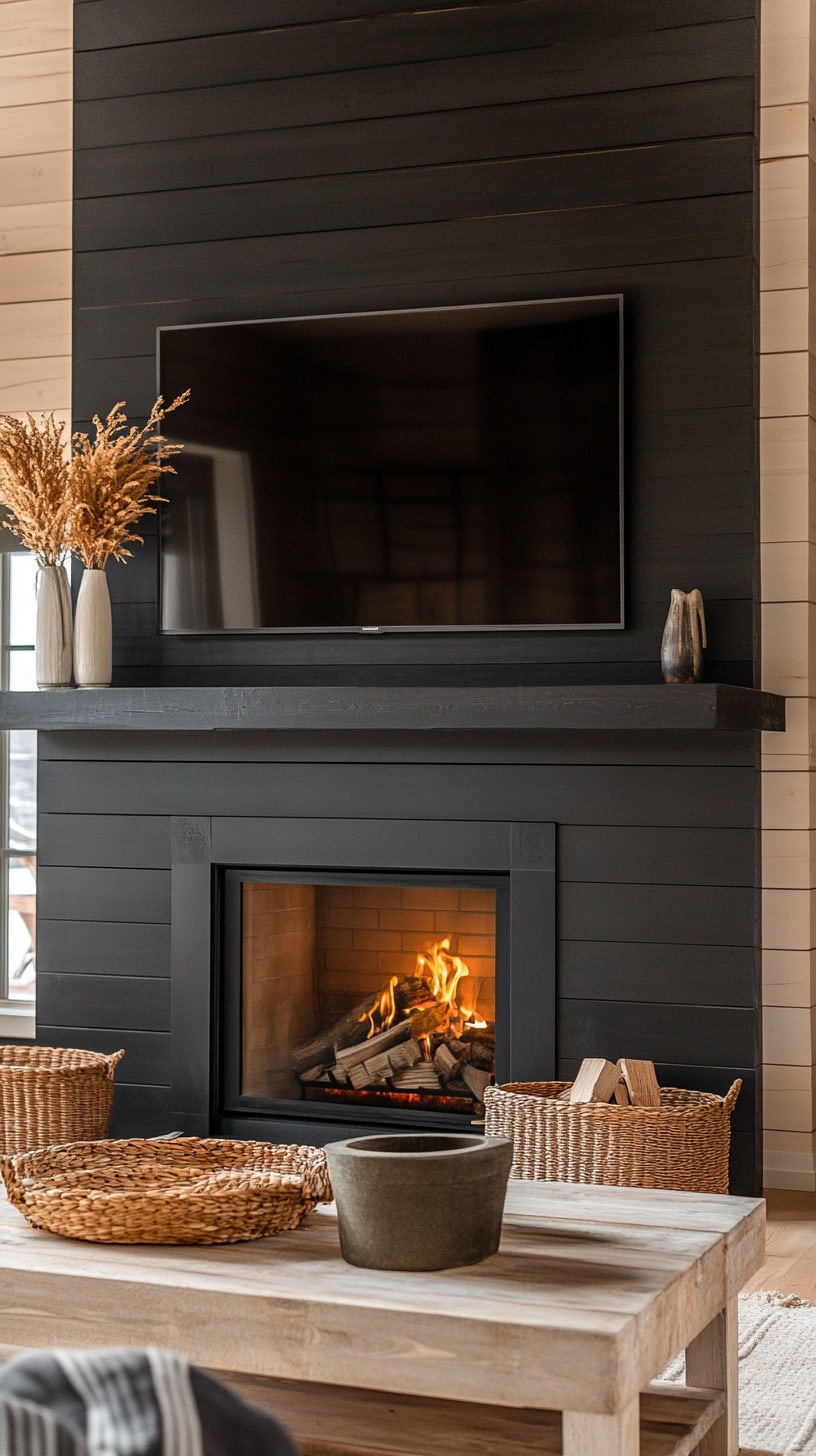 A modern farmhouse living room featuring a black shiplap fireplace with a burning fire, wicker accents, and natural wood elements, creating a warm and inviting atmosphere.