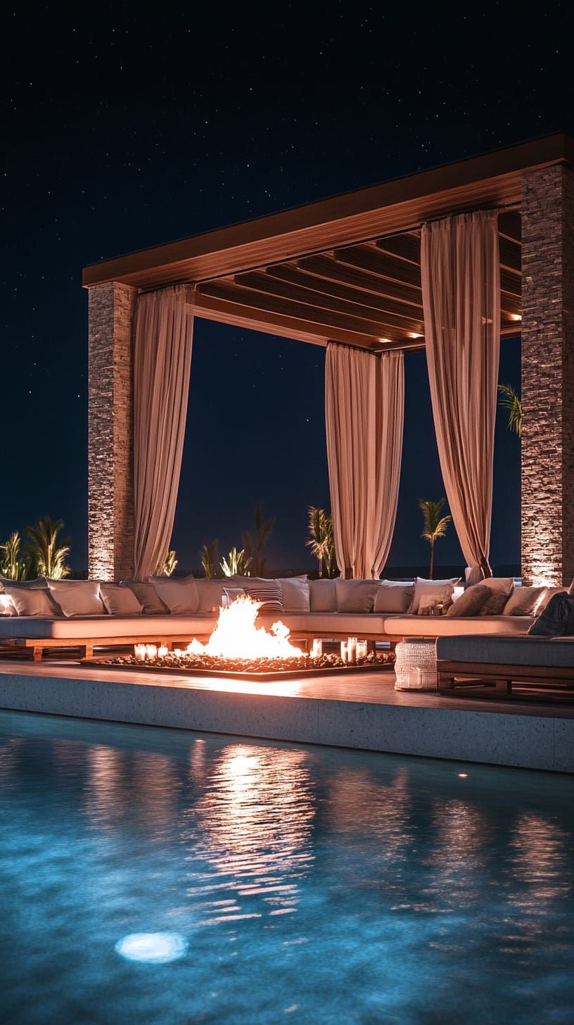 A luxurious outdoor poolside setting featuring a fire pit, cozy seating, and draped beige curtains under a starry night sky.