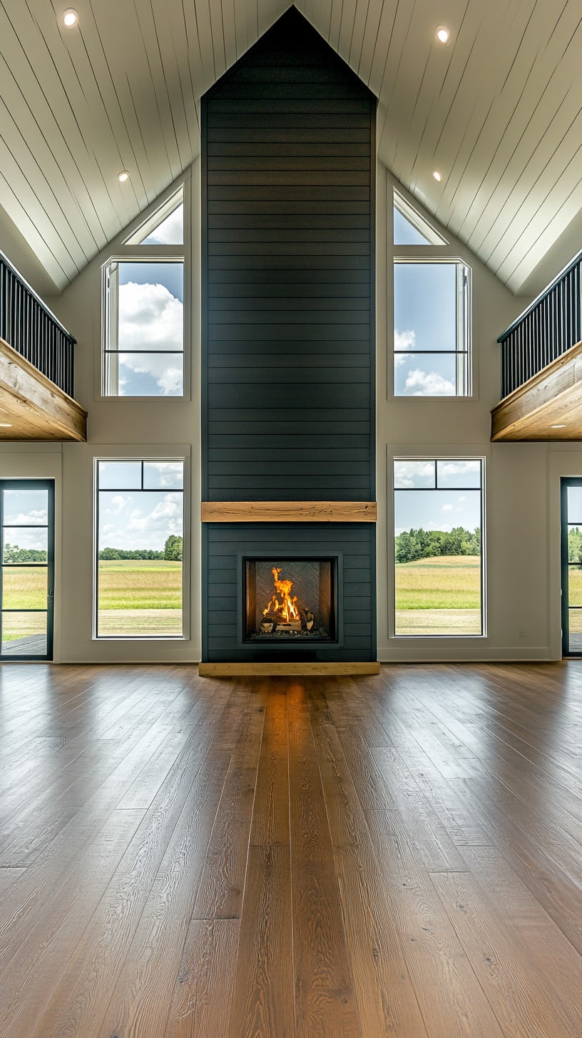 A modern farmhouse interior showcasing a large black shiplap fireplace, white oak flooring, and expansive windows revealing scenic farm fields.