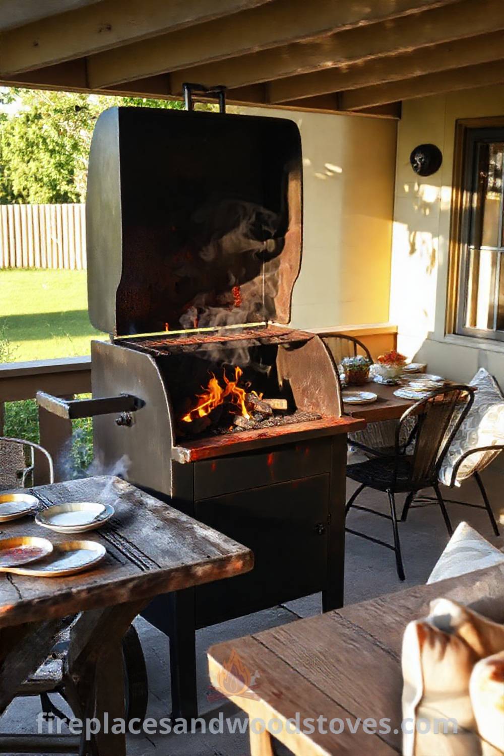 Barbecue smoker on a sunlit patio with flames flickering inside, surrounded by a rustic wooden table set with mismatched plates and cozy cushions, creating an inviting atmosphere perfect for outdoor feasts. Visit patioandhomefurniture.com for stylish outdoor design ideas that will wow your guests.